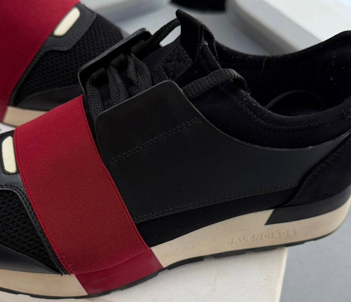 Balenciaga Race Runner Leather & Mesh Trainers – Black & Burgundy (EU38 / UK5)