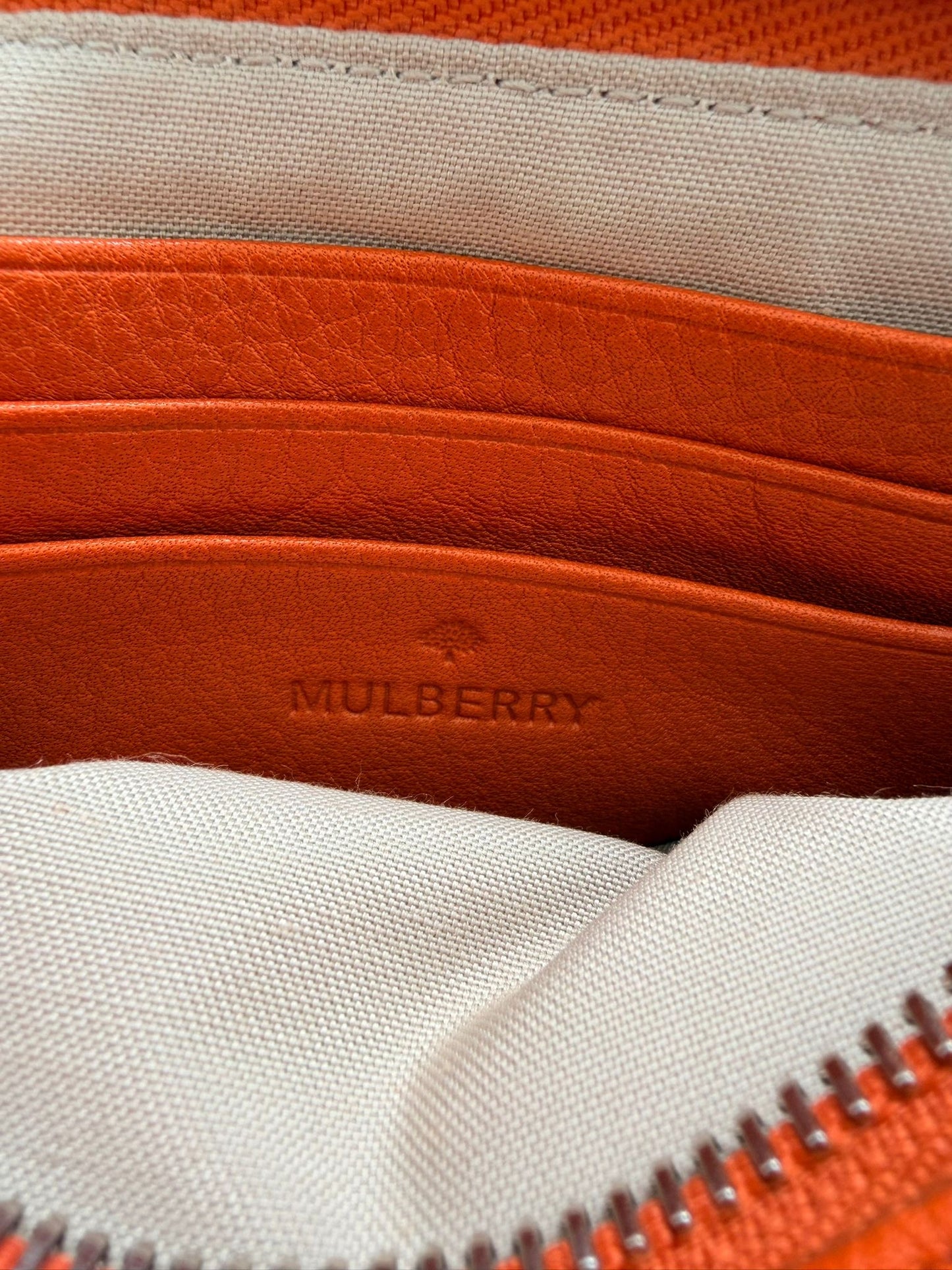 Mulberry Bow Wristlet Double Zip Pouch in Orange With Silver Hardware