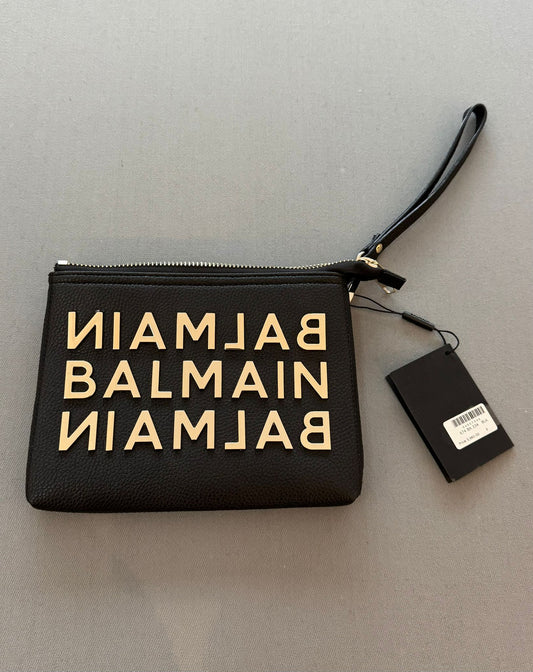 Balmain Black Leather Logo Clutch / Wristlet With Gold Toned Hardware