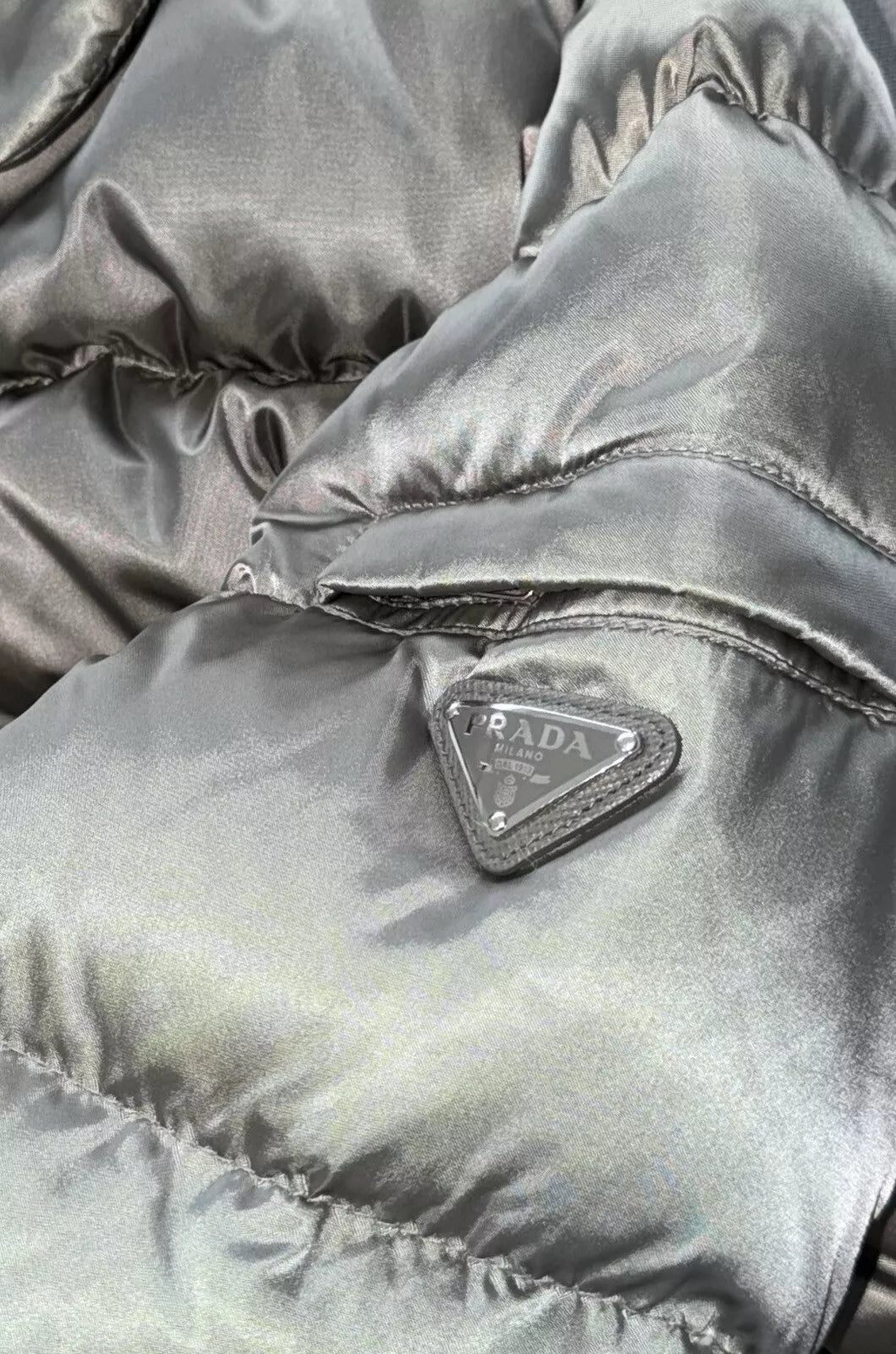 Prada Ladies Steel Grey/Silver Down Puffer Jacket-Size 46 EU-UK 10-12