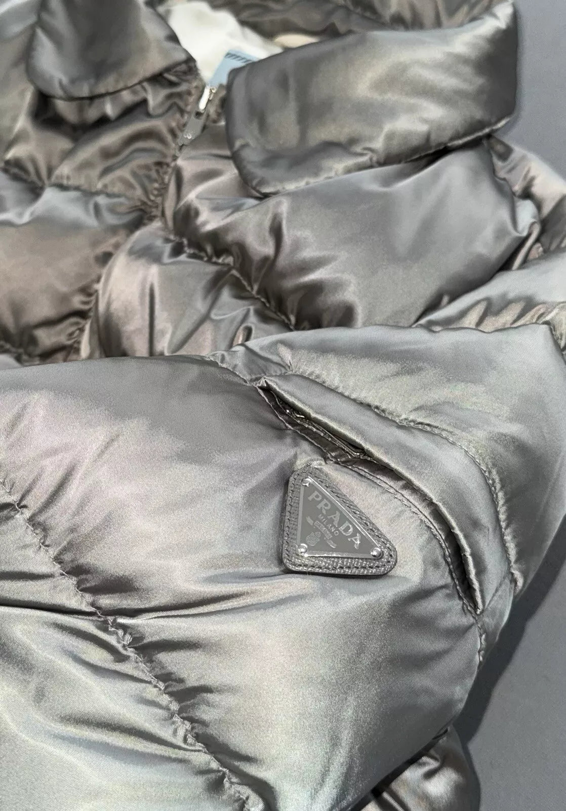 Prada Ladies Steel Grey/Silver Down Puffer Jacket-Size 46 EU-UK 10-12