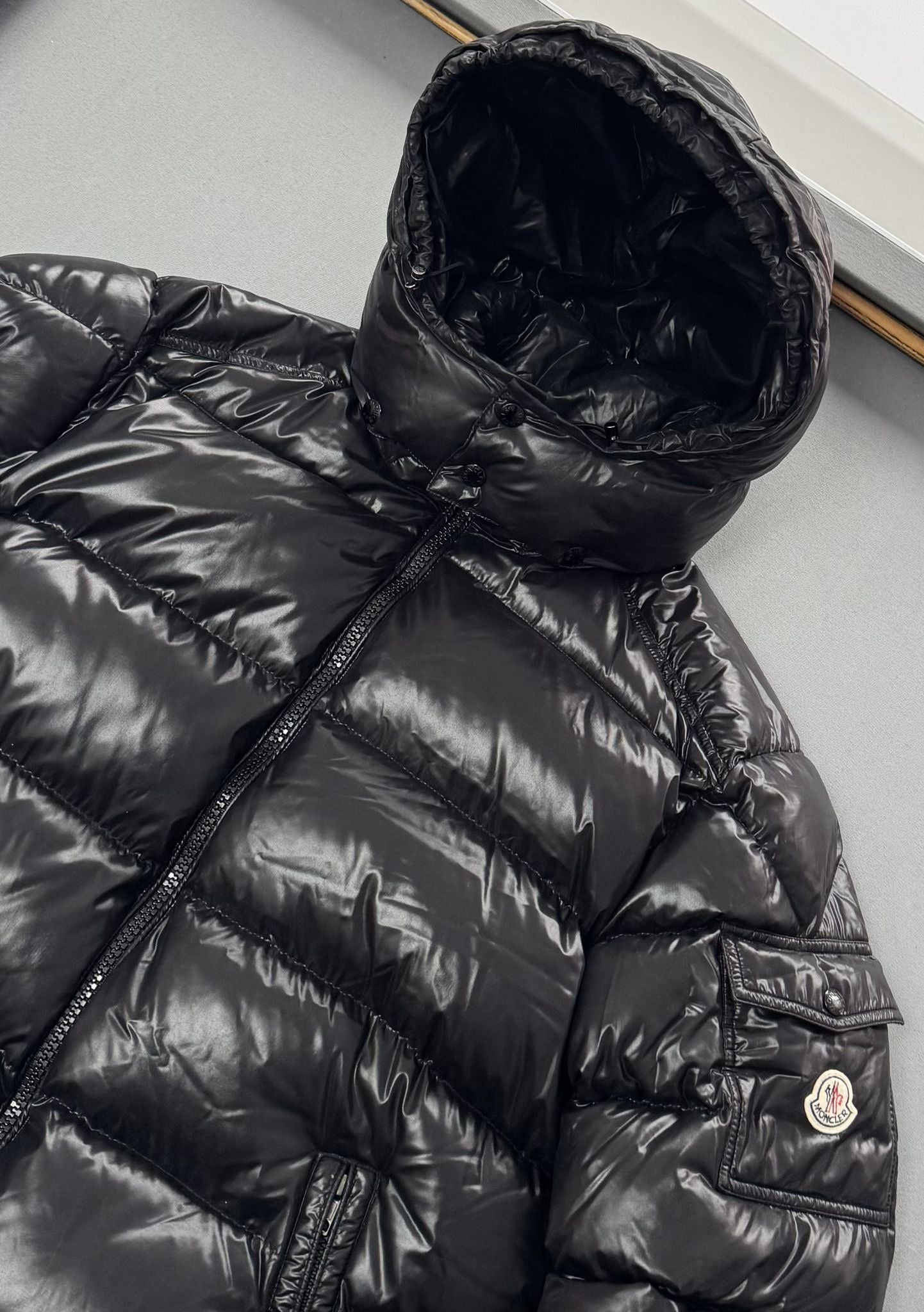 Moncler Maya Hooded Short Down Jacket In Black - Size: 6 (26'' ptp)