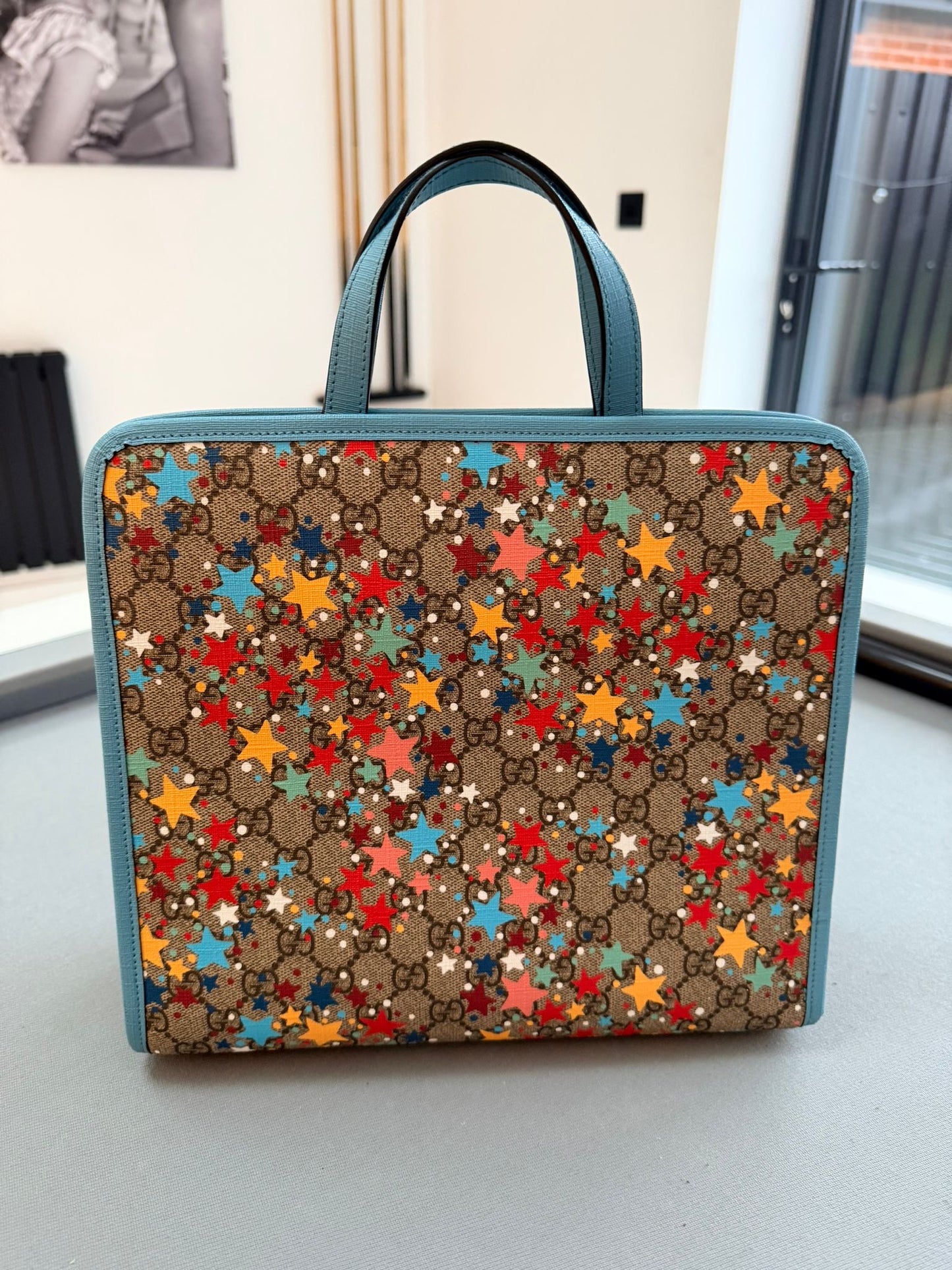 Gucci Children's Star Printed GG Tote Bag With Light Blue Leather Trim