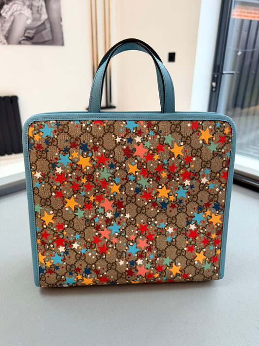 Gucci Children's Star Printed GG Tote Bag With Light Blue Leather Trim