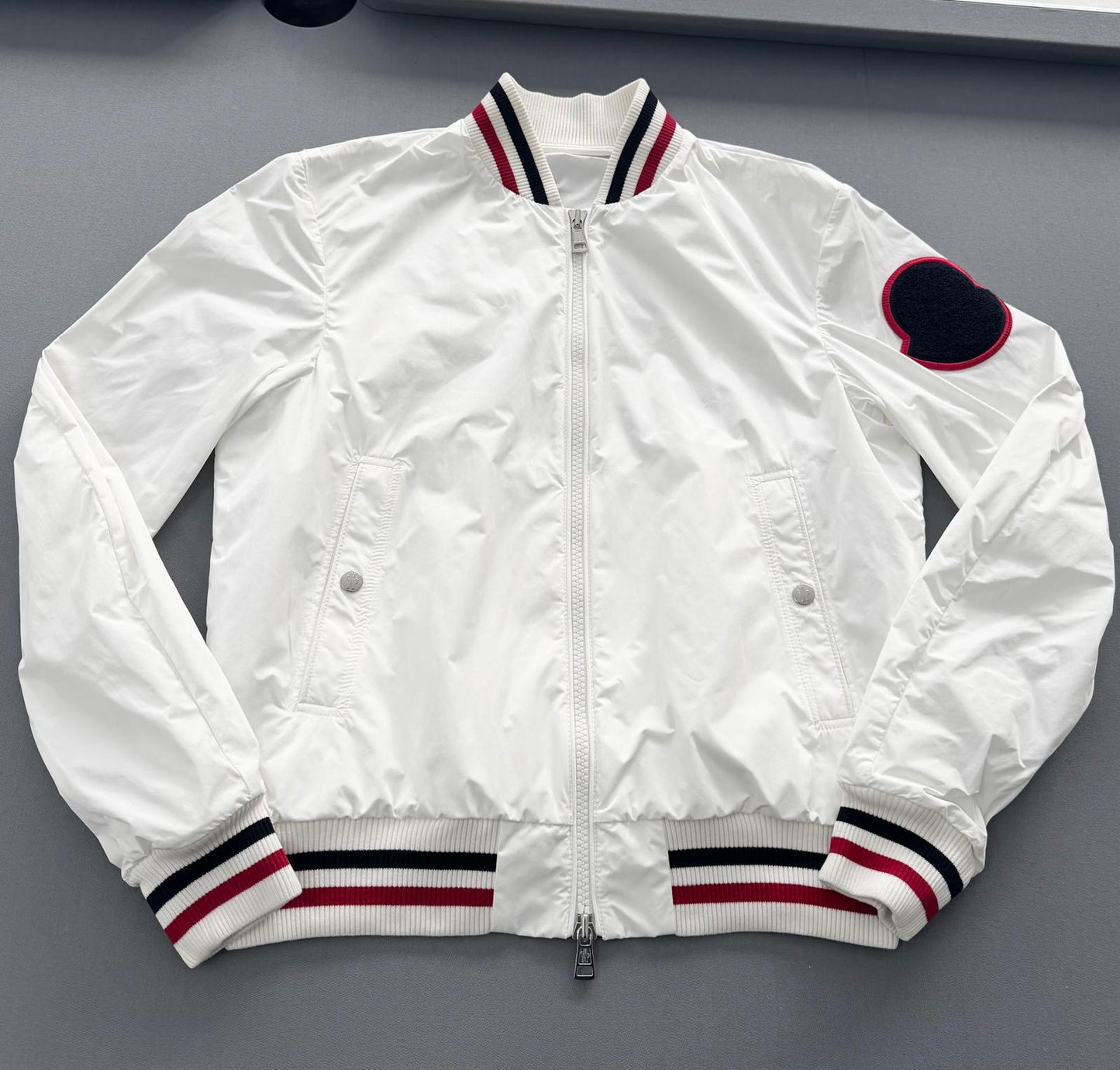 Moncler Hutchet White Bomber Varsity Jacket - Size 3 - PTP 22.5”