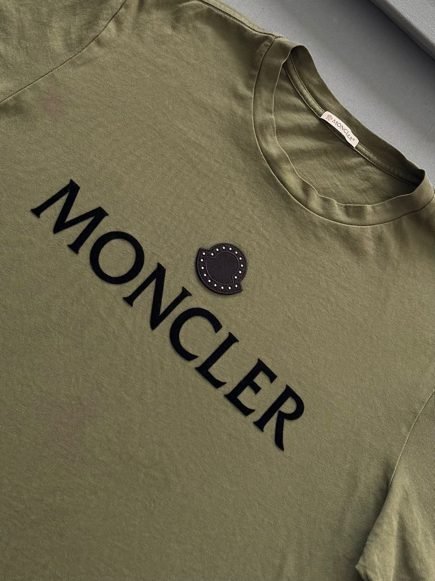Moncler Khaki Branded Chest Cotton T Shirt - Size: XL