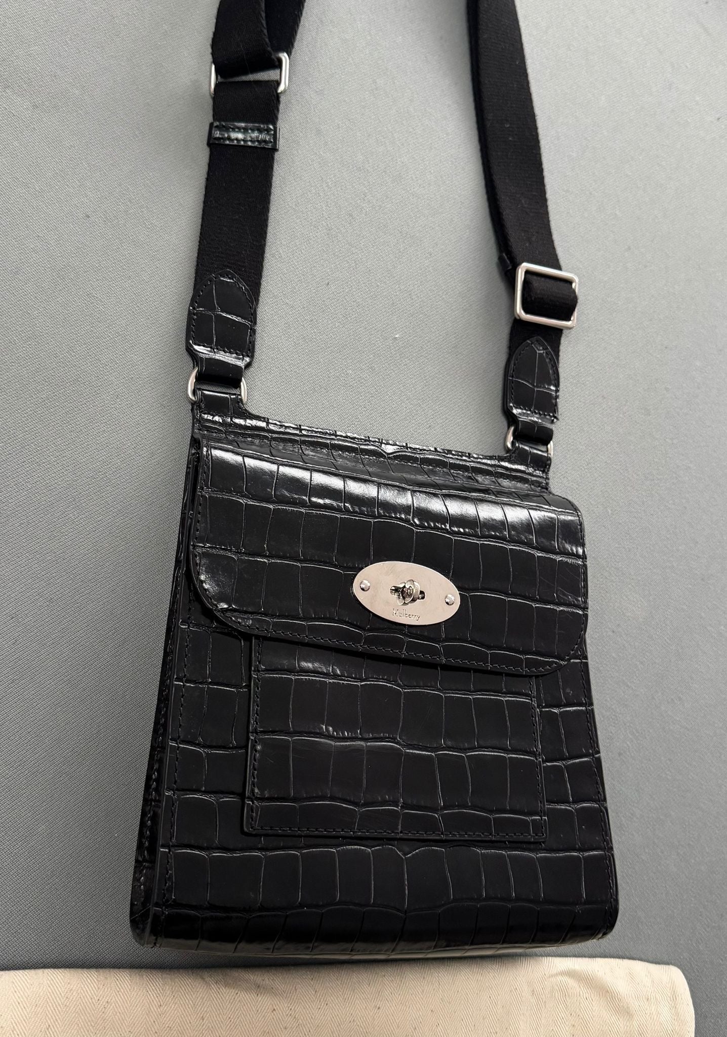 Mulberry Black Shiny Croc Embossed Anthony Satchel Bag