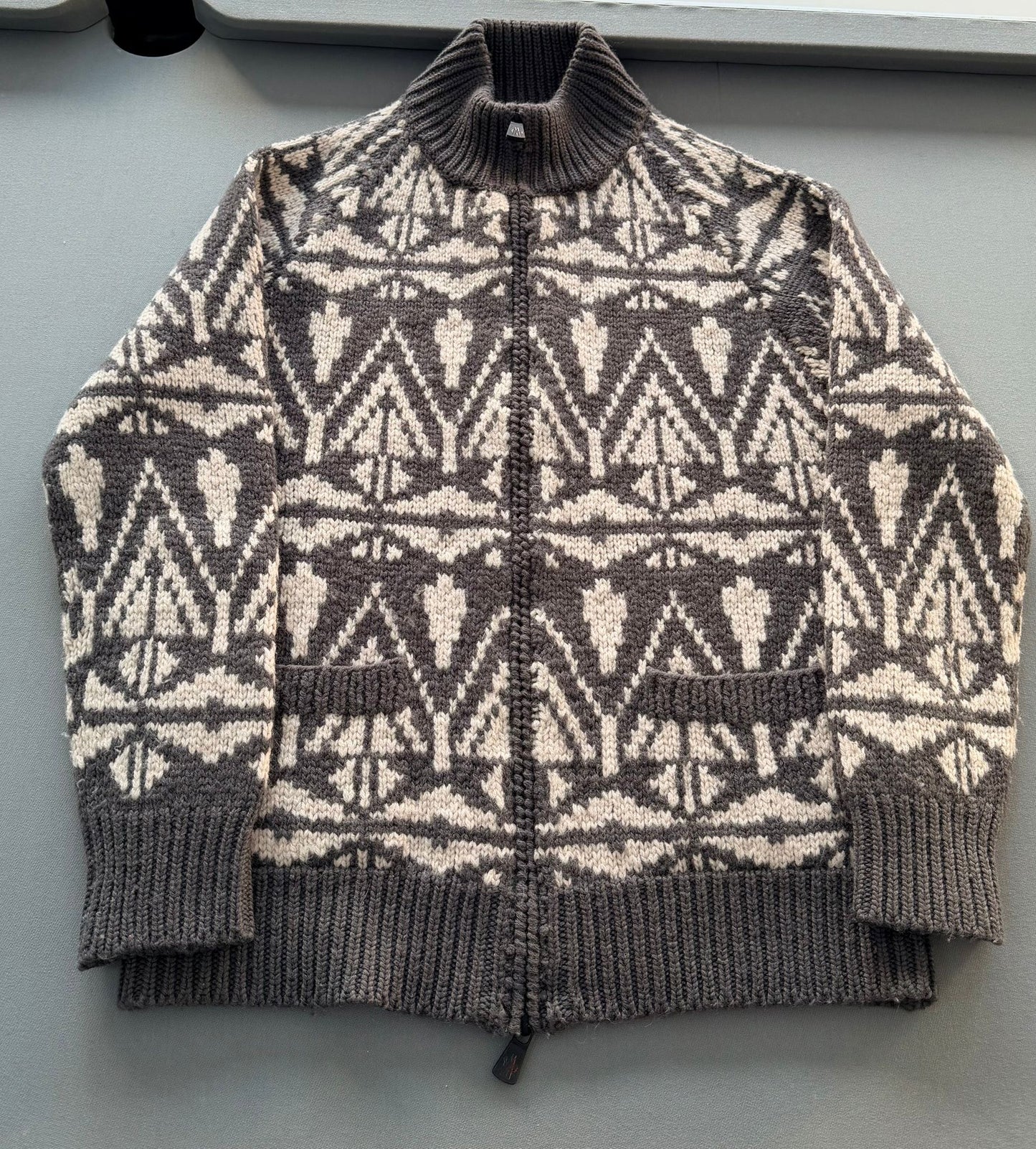 Moncler Grenoble Maglione Tricot Heavy Knit Grey Patterned Cardigan - Size: XL