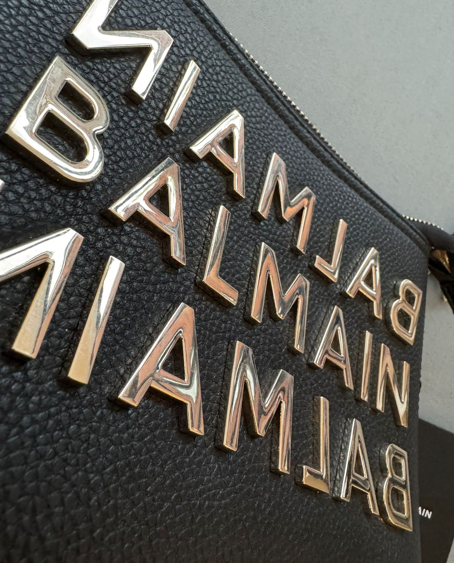 Balmain Black Leather Logo Clutch / Wristlet With Gold Toned Hardware