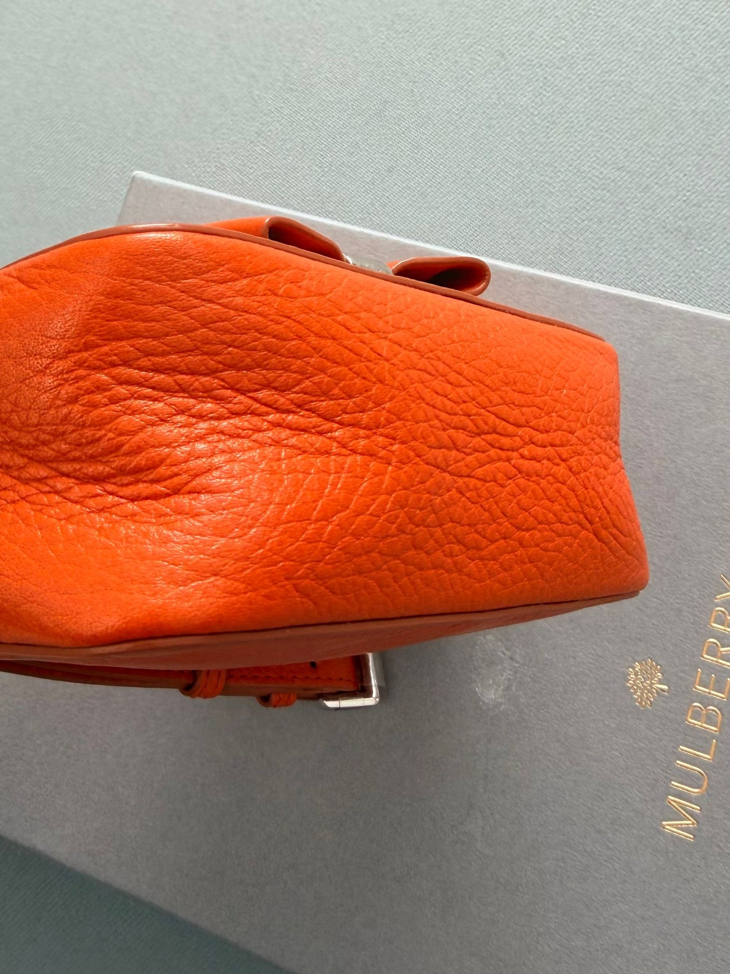 Mulberry Bow Wristlet Double Zip Pouch in Orange With Silver Hardware