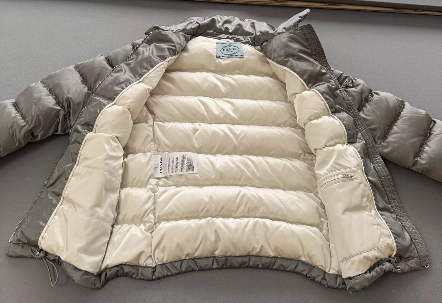 Prada Ladies Steel Grey/Silver Down Puffer Jacket-Size 46 EU-UK 10-12
