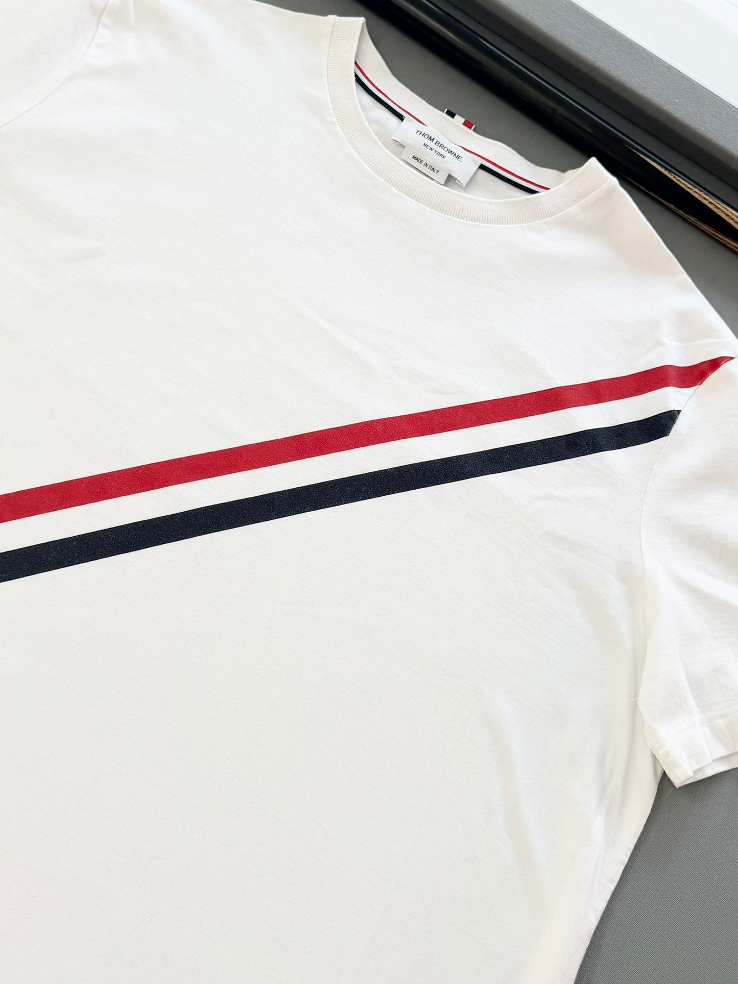 Thom Browne Diagonal Stripe White T Shirt - Size: 4 (XL) (23.5 ptp)