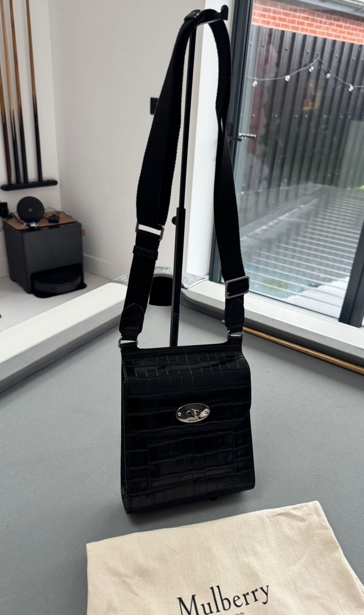 Mulberry Black Shiny Croc Embossed Anthony Satchel Bag