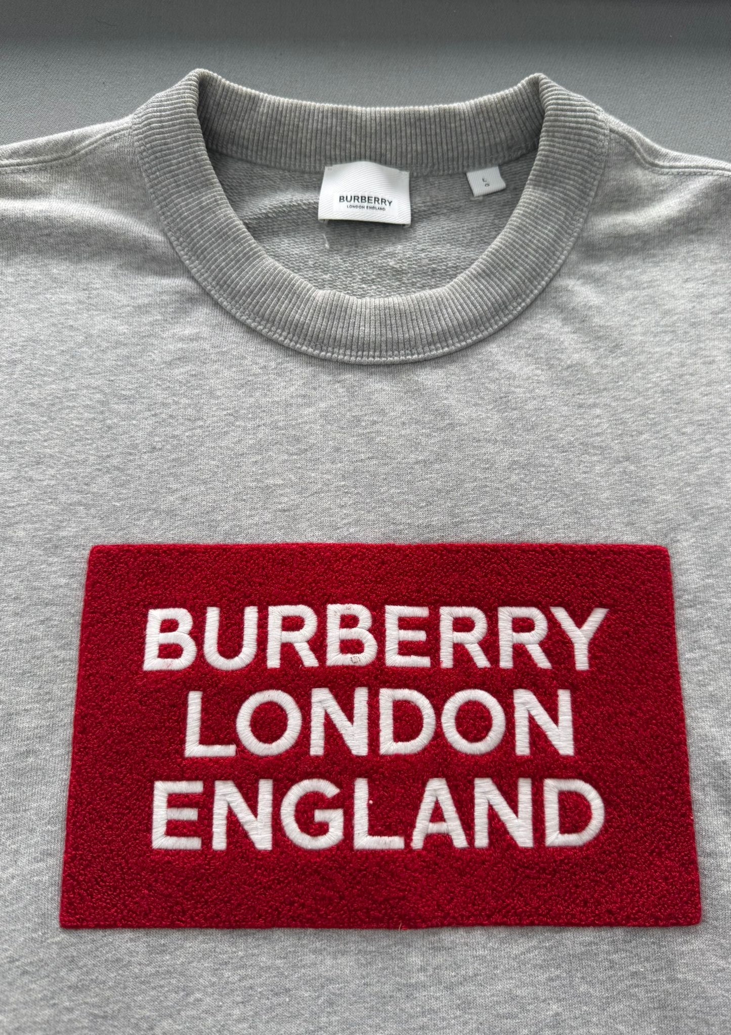 Burberry Grey Logo Patch Cotton Sweatshirt - Size: Large (24.5” PTP) - Fits XL