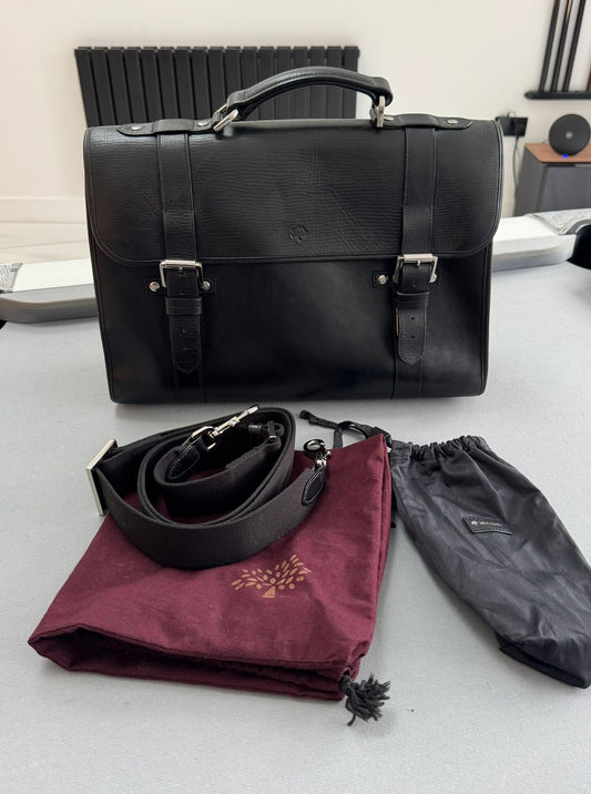 Mulberry Elkington Grained-Leather Black Briefcase With Brass Hardware