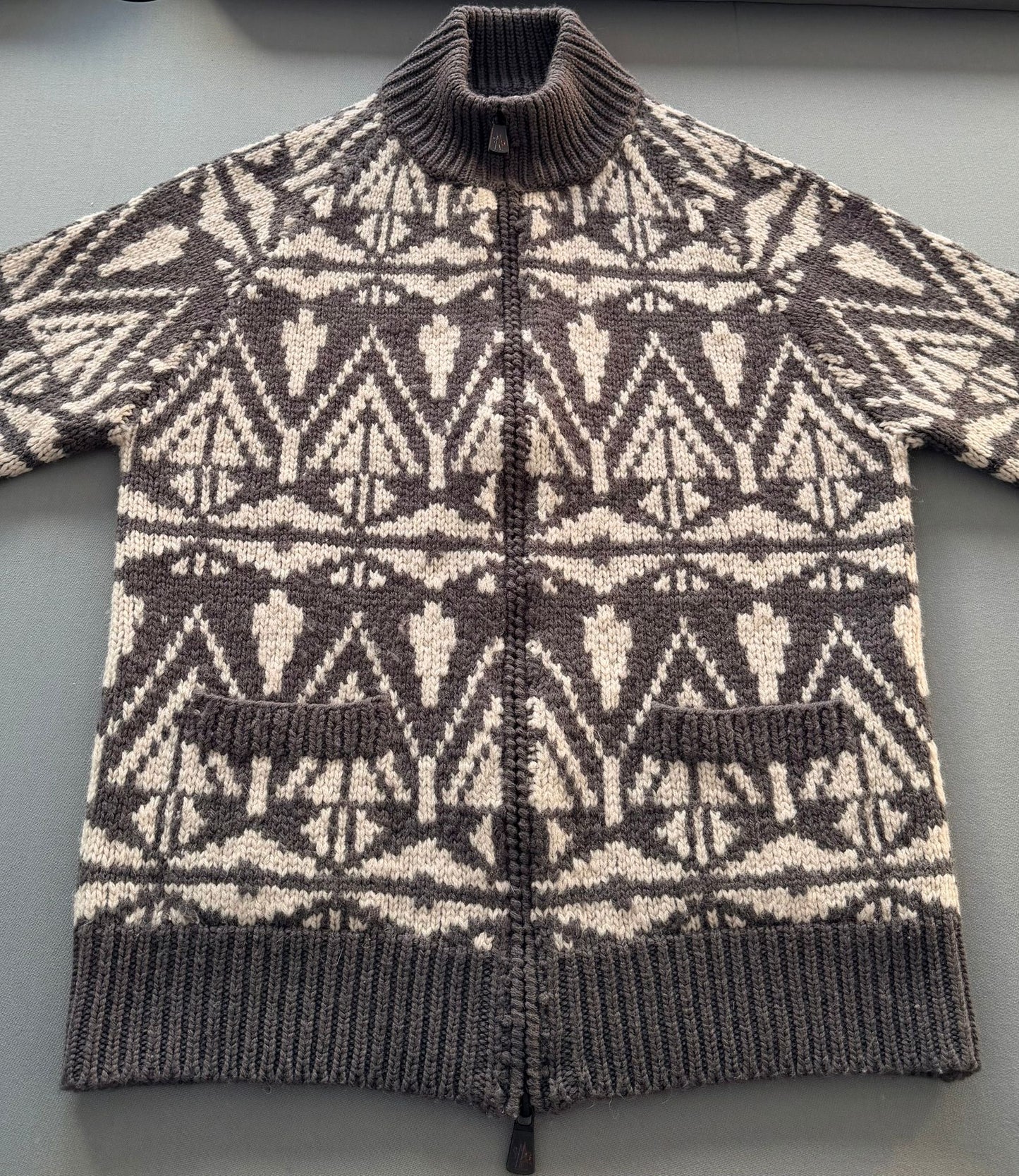 Moncler Grenoble Maglione Tricot Heavy Knit Grey Patterned Cardigan - Size: XL