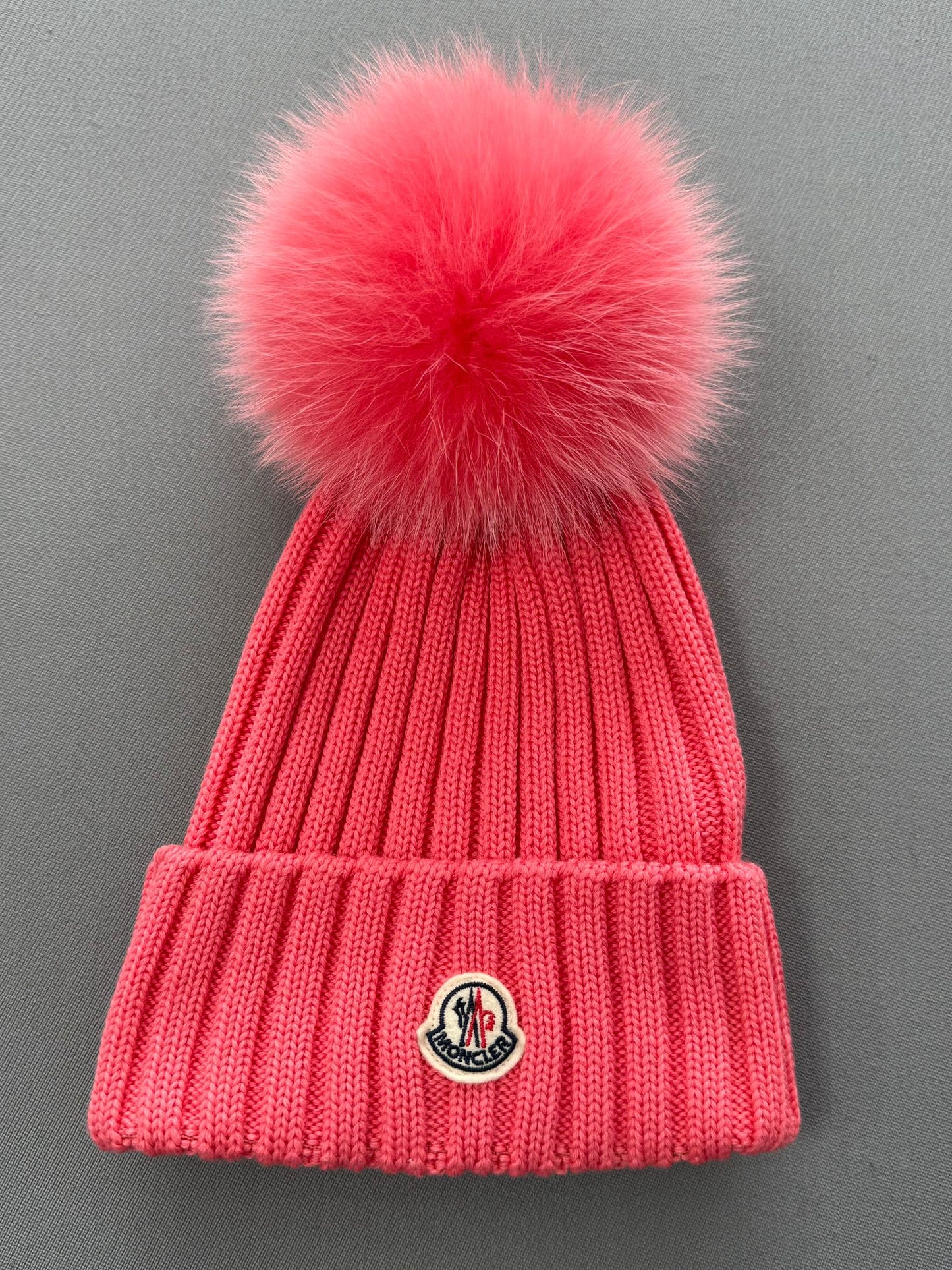 Moncler Ribbed Knitted Wool Pink Pom Pom Beanie