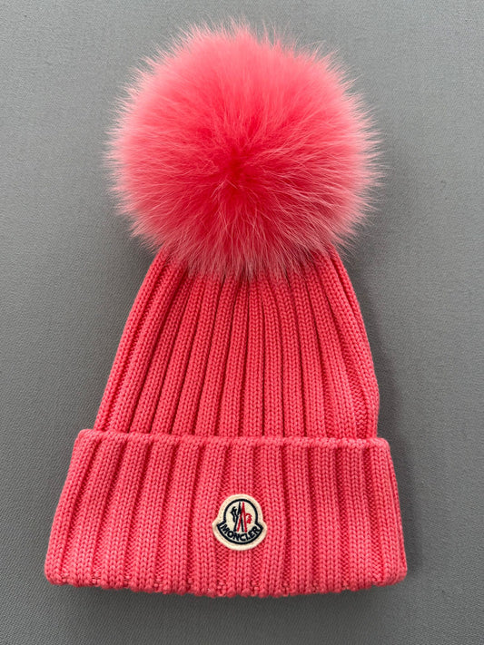 Moncler Ribbed Knitted Wool Pink Pom Pom Beanie
