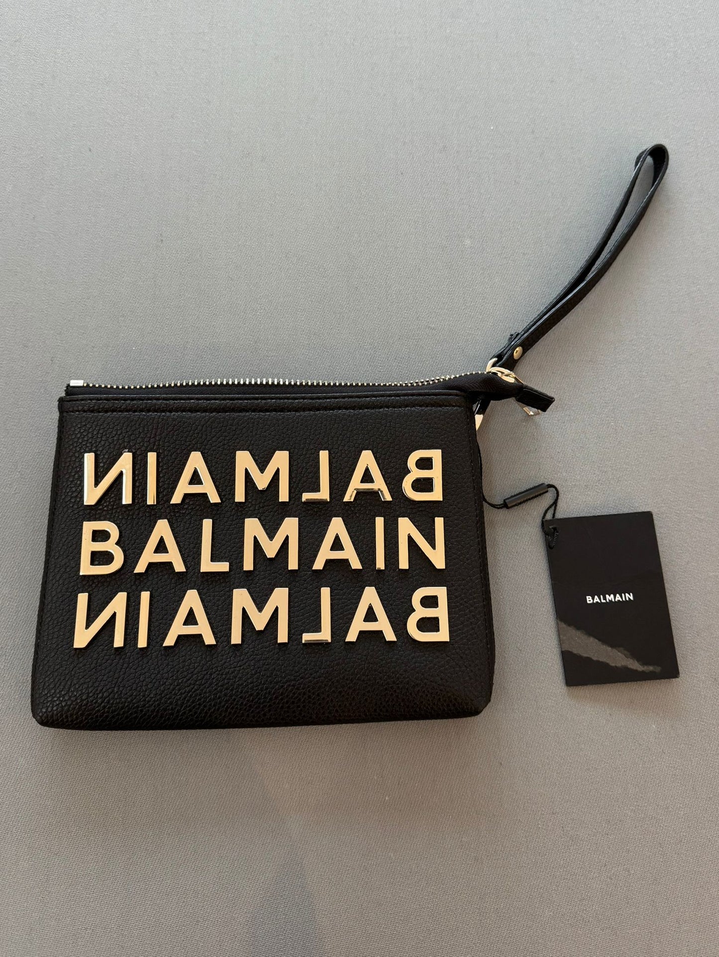 Balmain Black Leather Logo Clutch / Wristlet With Gold Toned Hardware