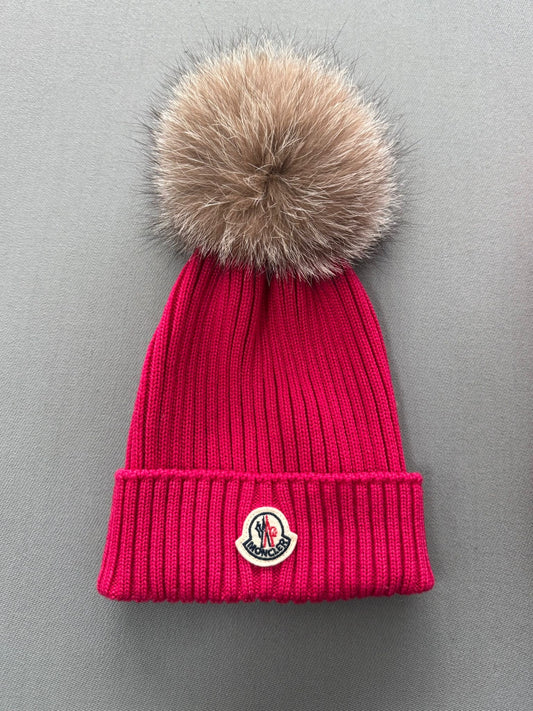 Moncler Pink Ribbed Knitted Wool Pink Pom Pom Beanie