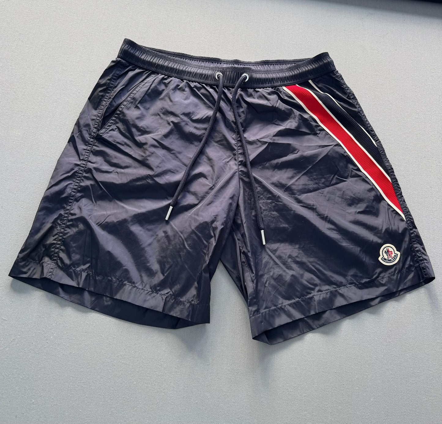 Moncler Navy Logo-Appliquéd Striped Swim Shorts - Size: Medium (Fits 32-34'' waist)