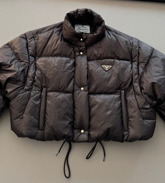 Prada Cira Cropped Puffer Jacket With Detachable Sleeves - Size UK 10-12
