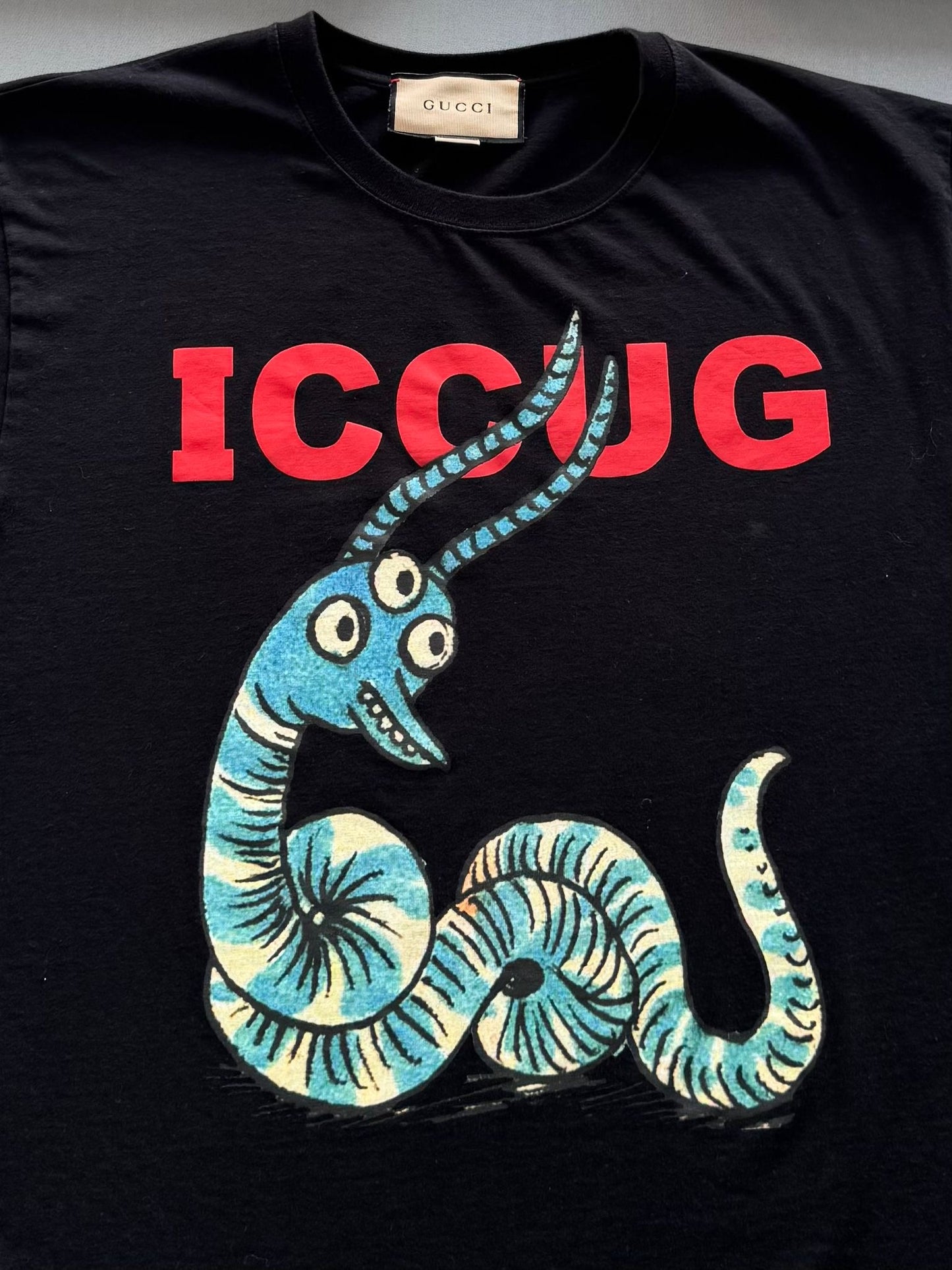 Gucci Black T-Shirt With Iccug Animal Print By Freya Hartas - Size: M (21.5'' PTP)