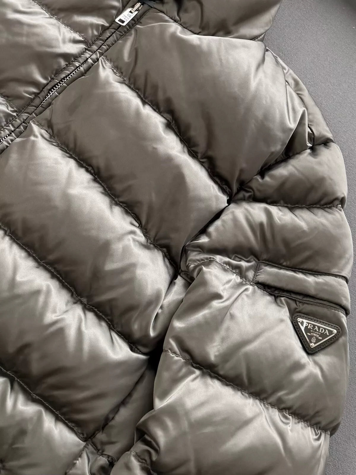 Prada Ladies Steel Grey/Silver Down Puffer Jacket-Size 46 EU-UK 10-12