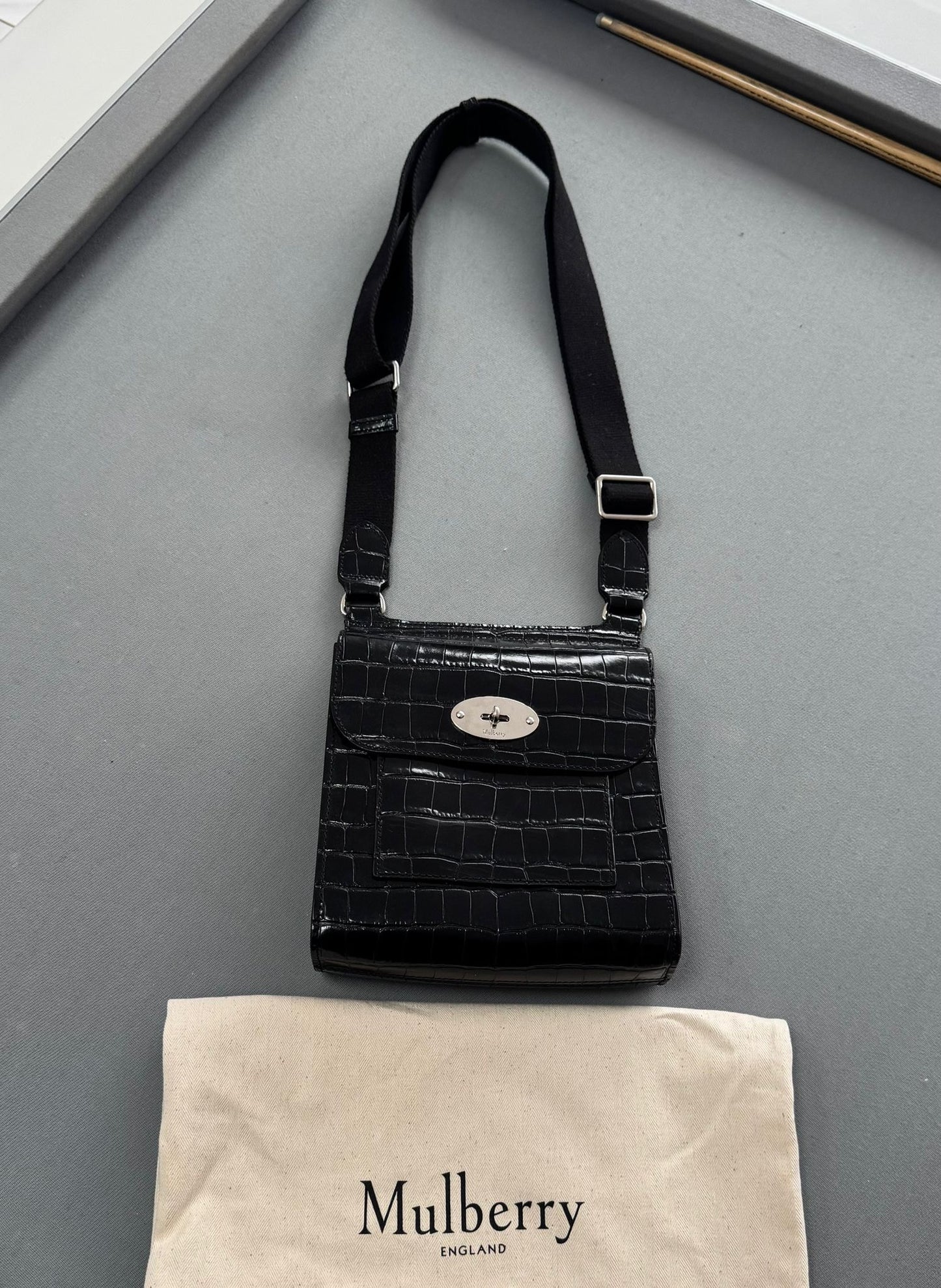 Mulberry Black Shiny Croc Embossed Anthony Satchel Bag