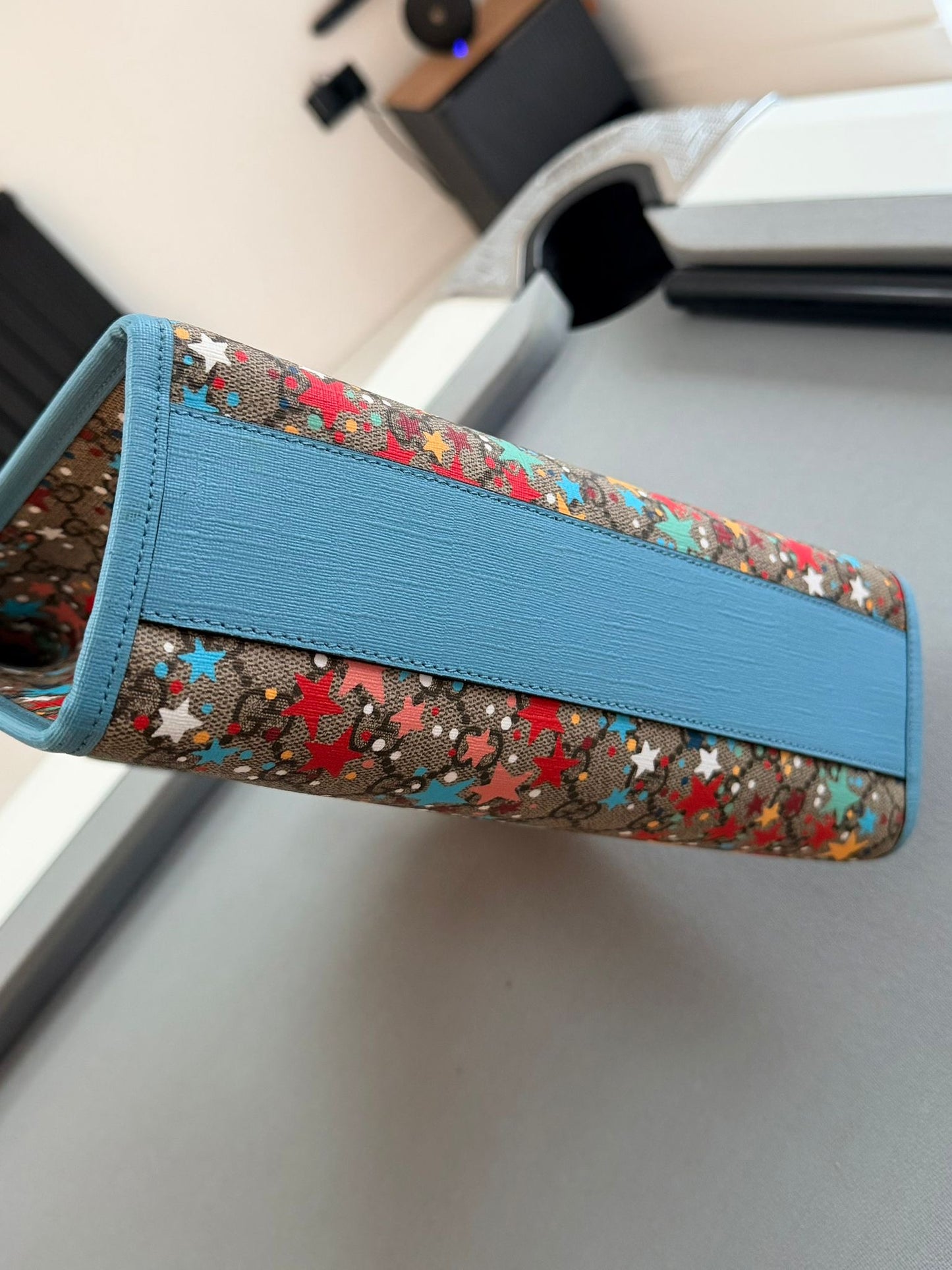 Gucci Children's Star Printed GG Tote Bag With Light Blue Leather Trim