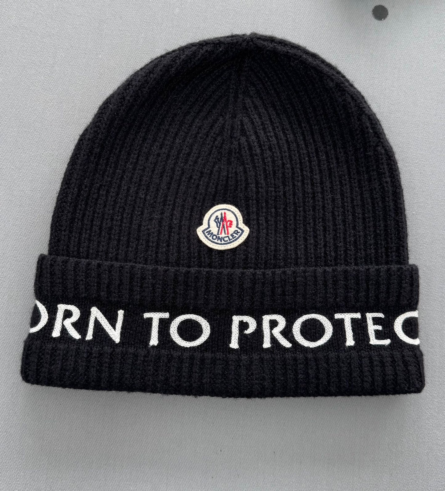 Moncler Black “ Born To Protect “ Tricot Wool Beanie