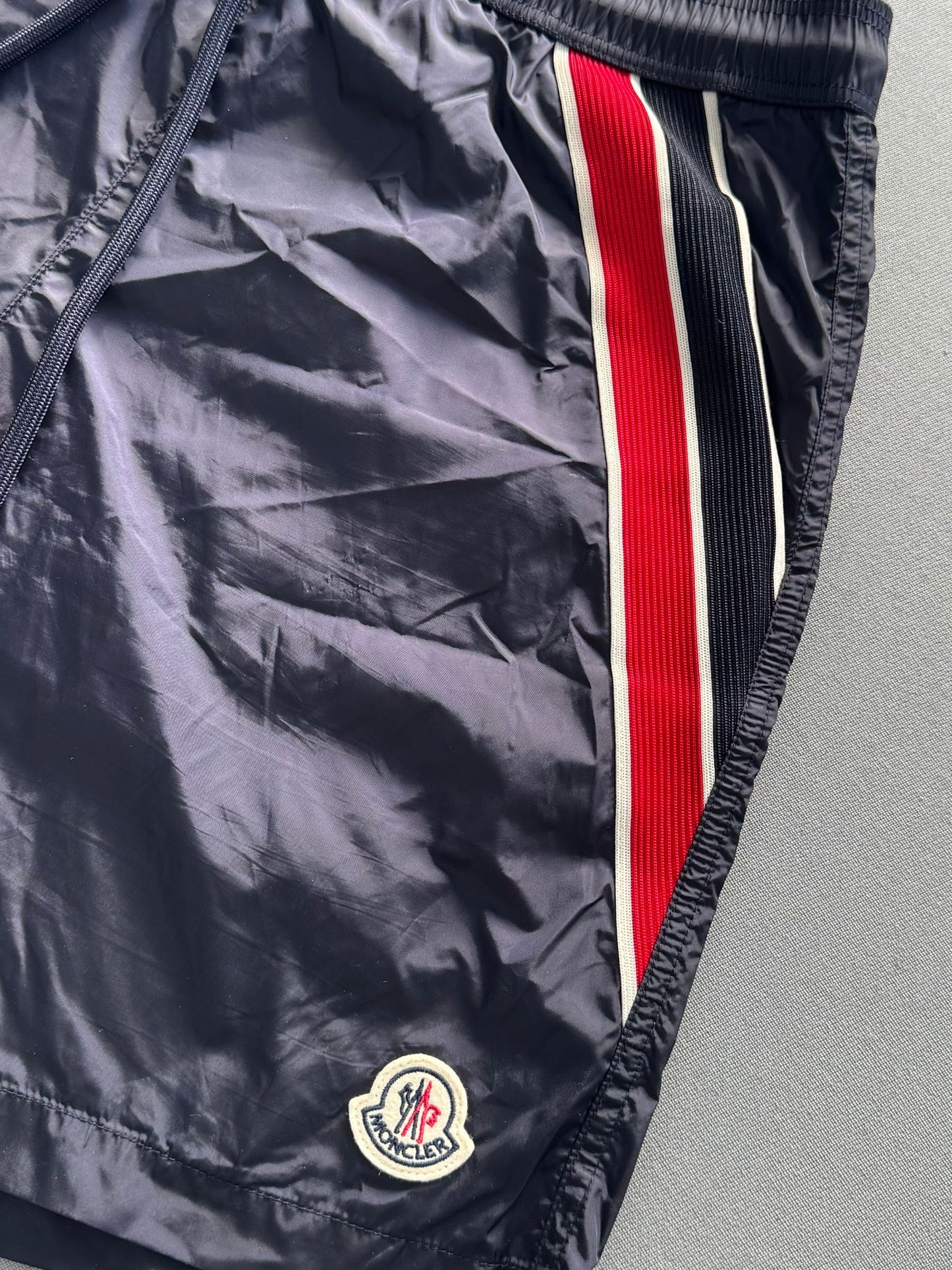 Moncler Navy Logo-Appliquéd Striped Swim Shorts - Size: Medium (Fits 32-34'' waist)