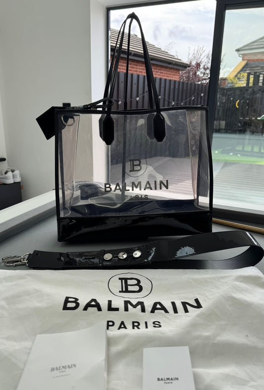 Balmain Printed Logo Transparent Tote Bag