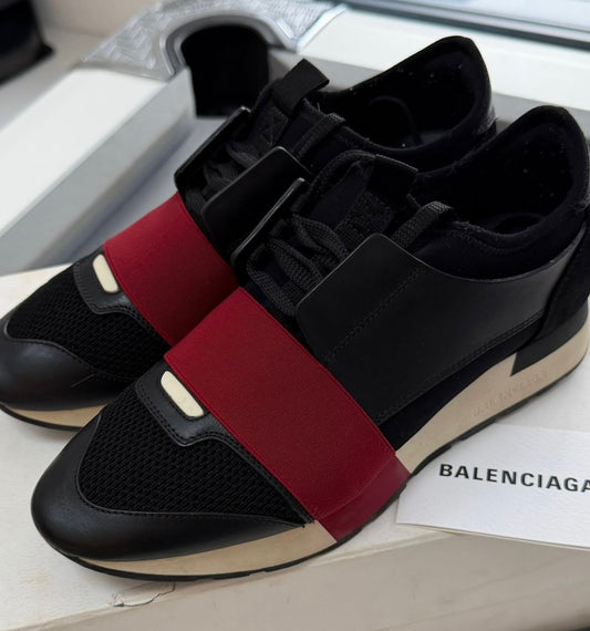 Balenciaga Race Runner Leather & Mesh Trainers – Black & Burgundy (EU38 / UK5)