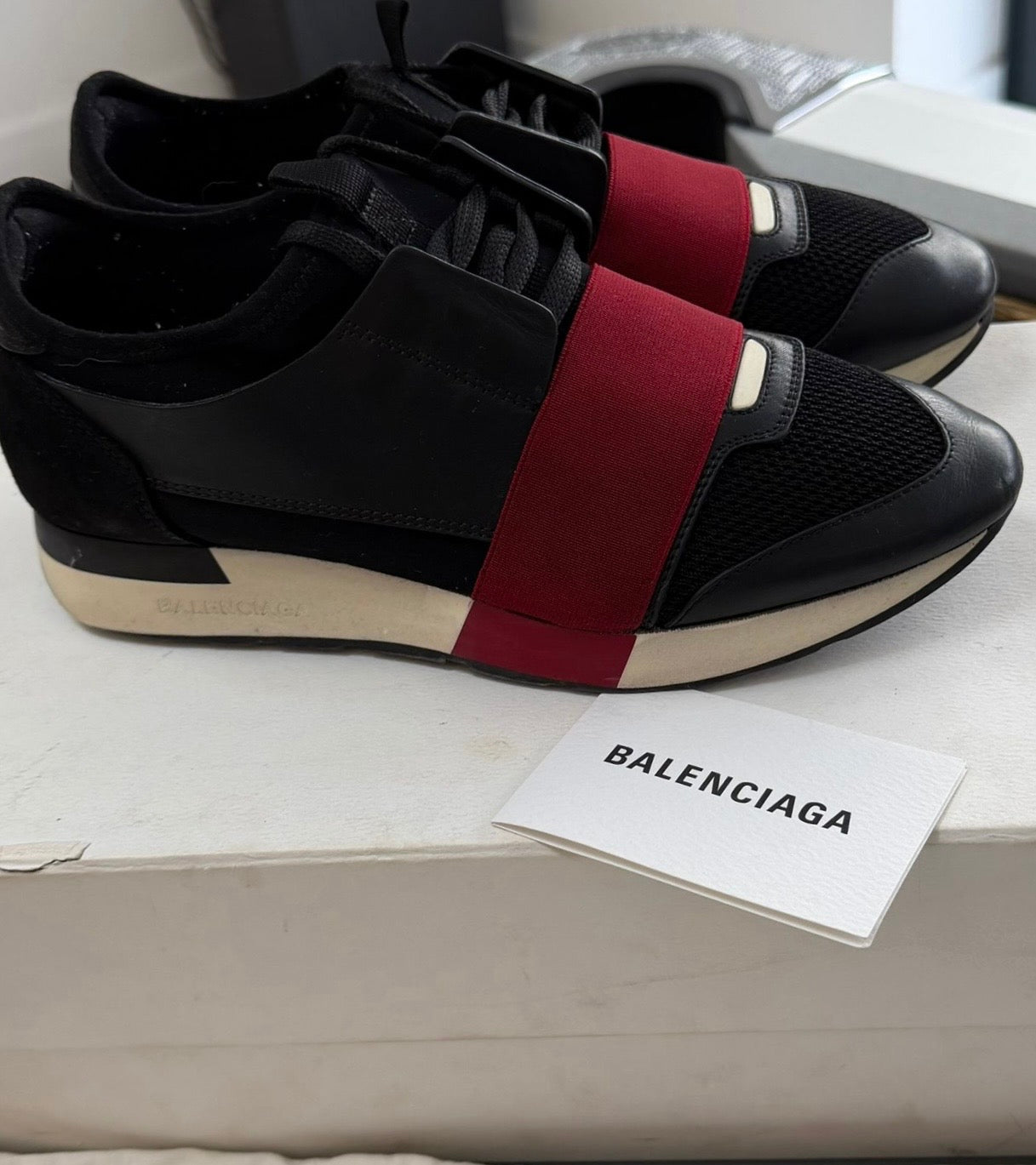 Balenciaga Race Runner Leather & Mesh Trainers – Black & Burgundy (EU38 / UK5)