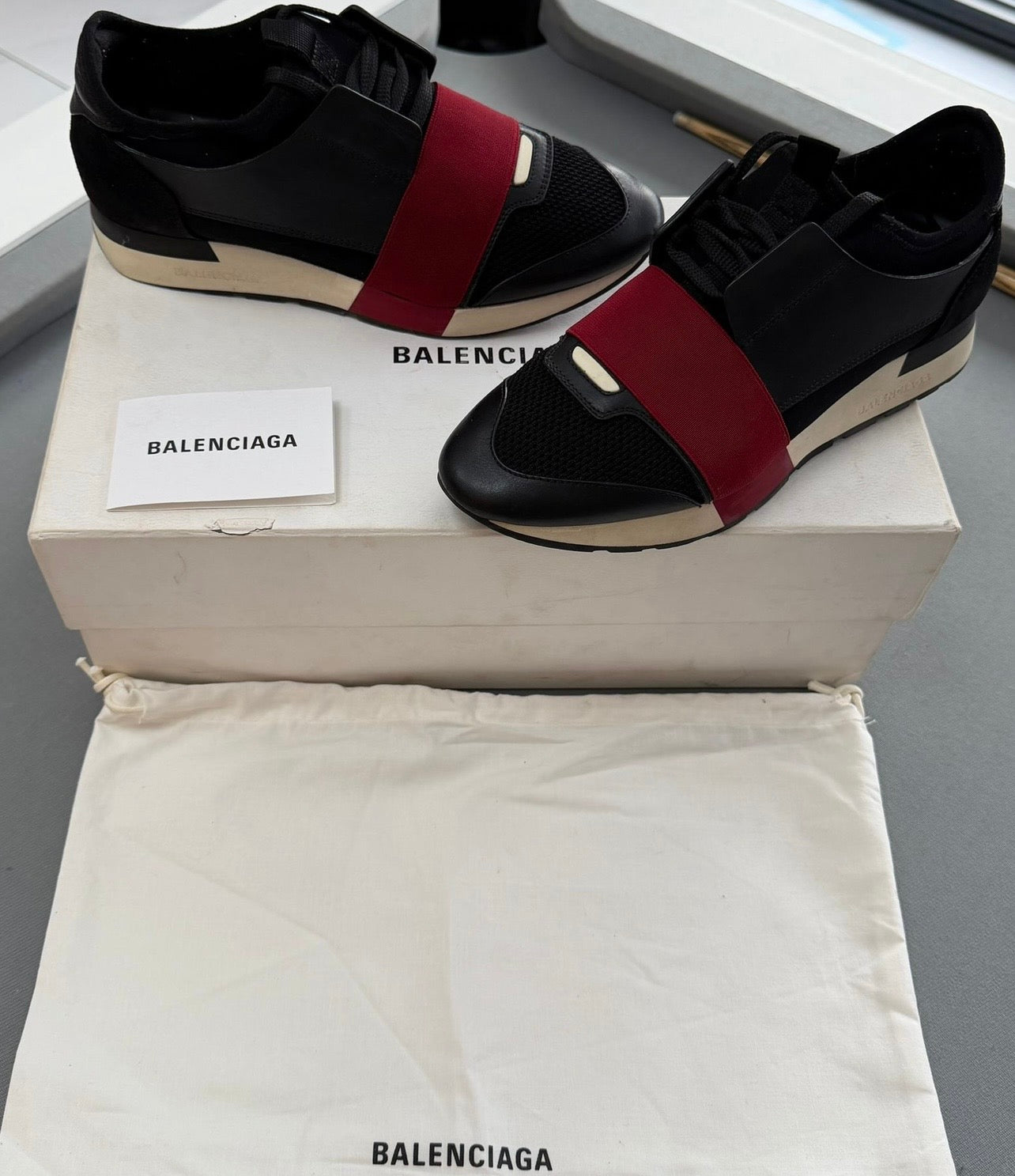 Balenciaga Race Runner Leather & Mesh Trainers – Black & Burgundy (EU38 / UK5)