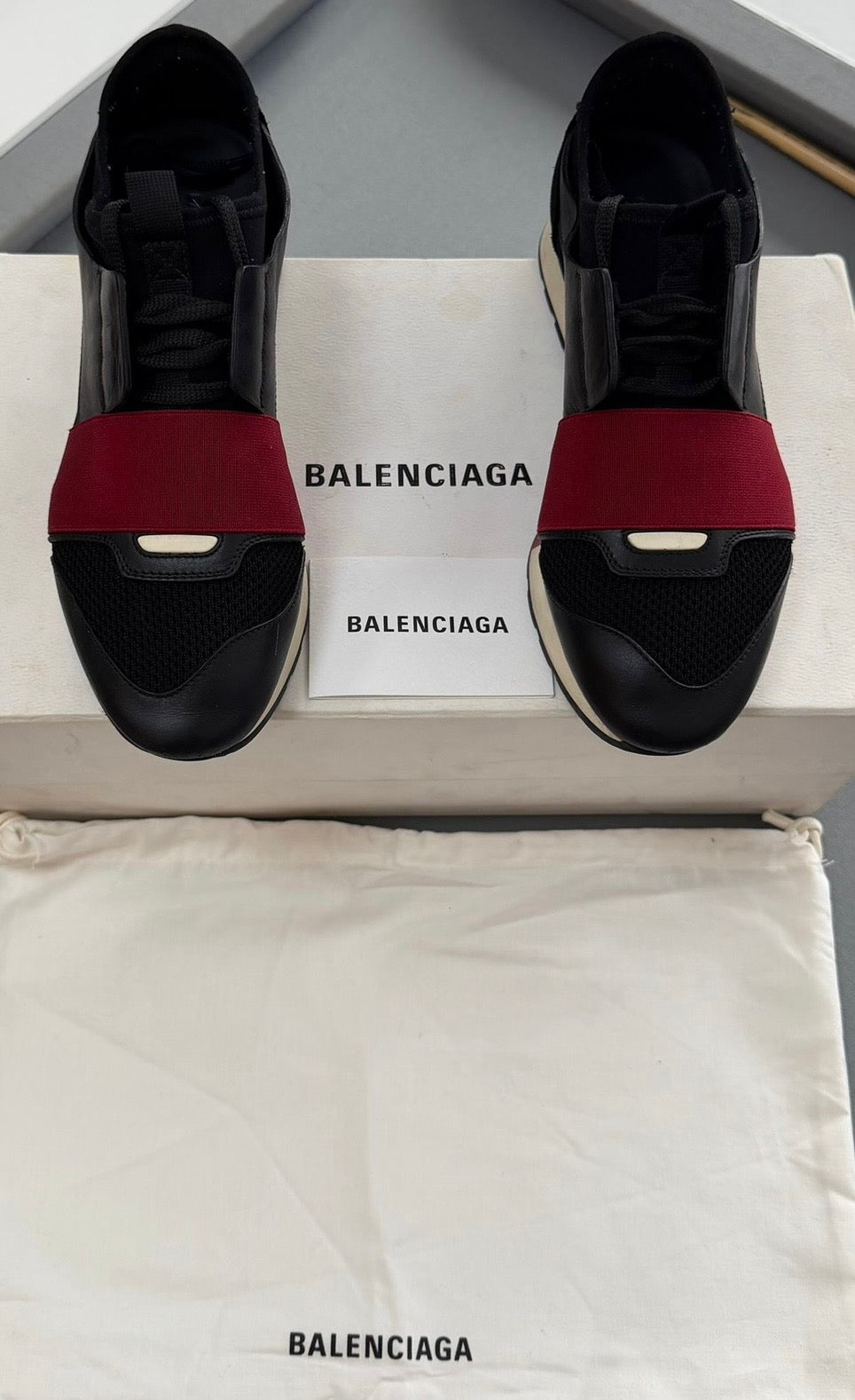 Balenciaga Race Runner Leather & Mesh Trainers – Black & Burgundy (EU38 / UK5)