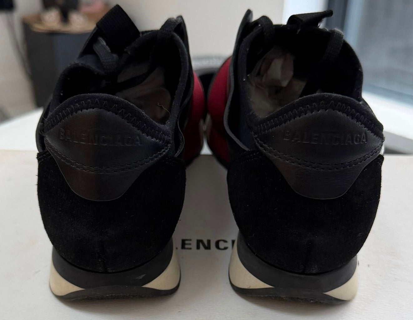 Balenciaga Race Runner Leather & Mesh Trainers – Black & Burgundy (EU38 / UK5)