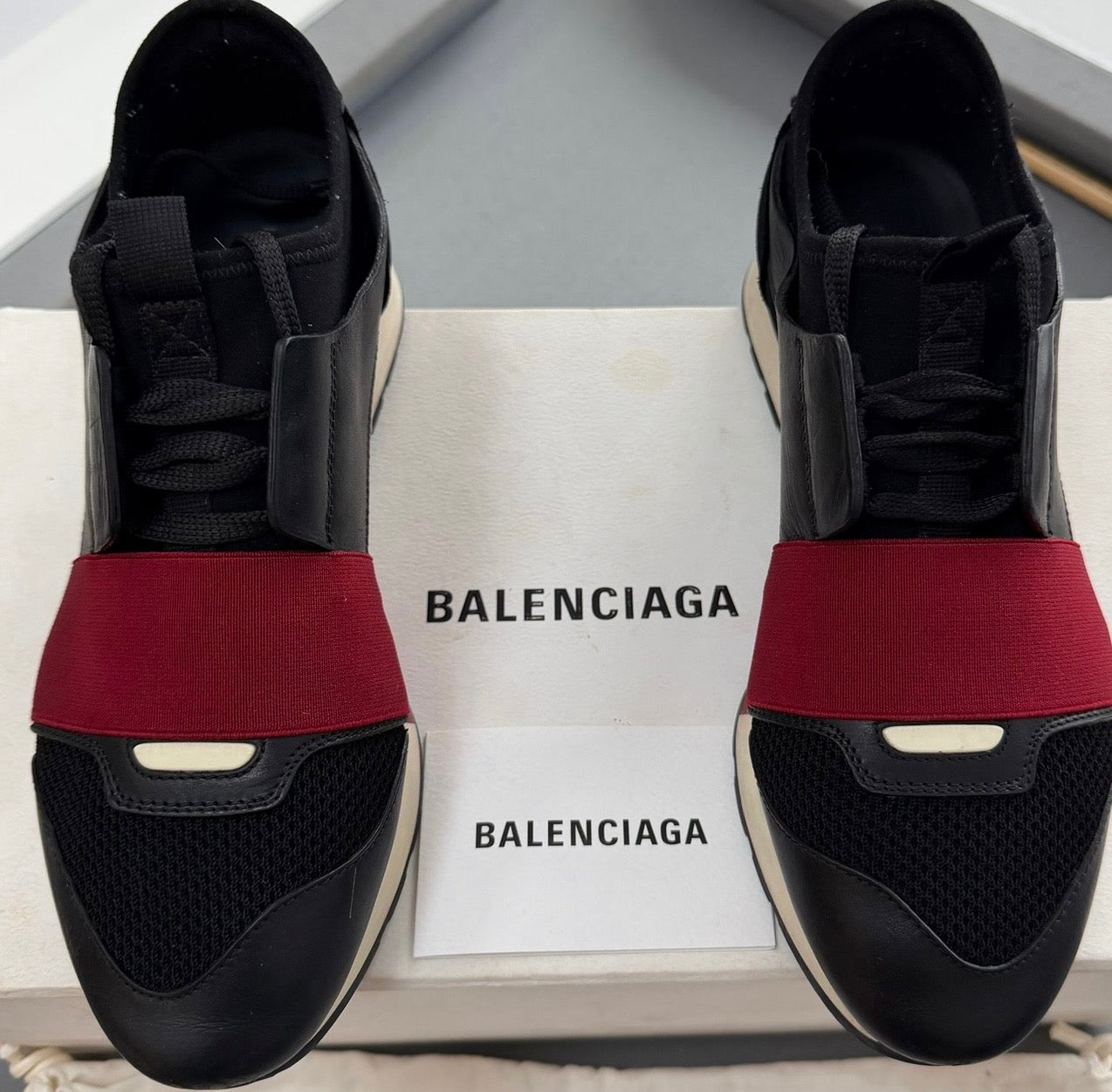 Balenciaga Race Runner Leather & Mesh Trainers – Black & Burgundy (EU38 / UK5)