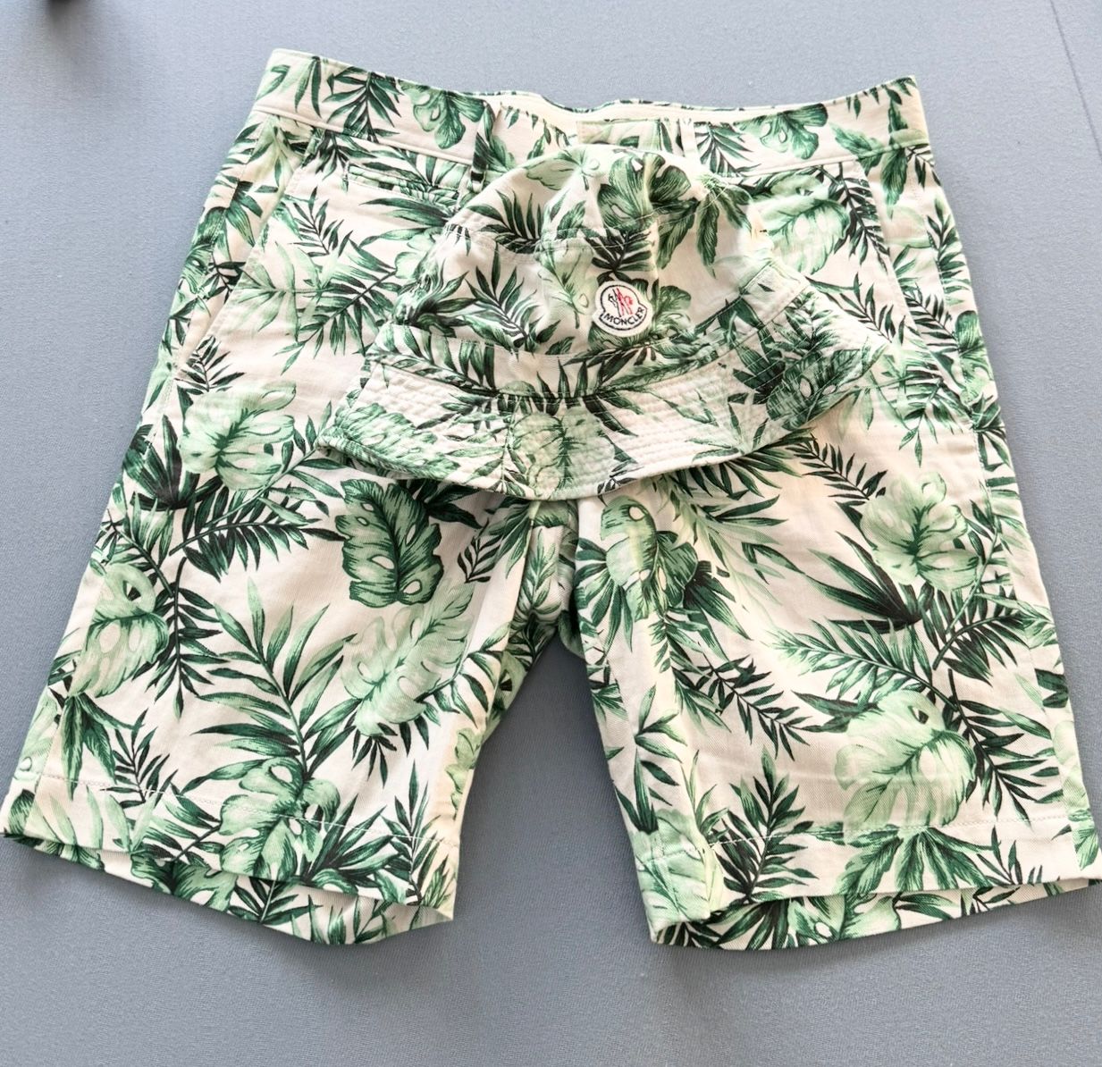 Moncler Palm Printed Chino Shorts & Bucket Hat Set (30” Waist)