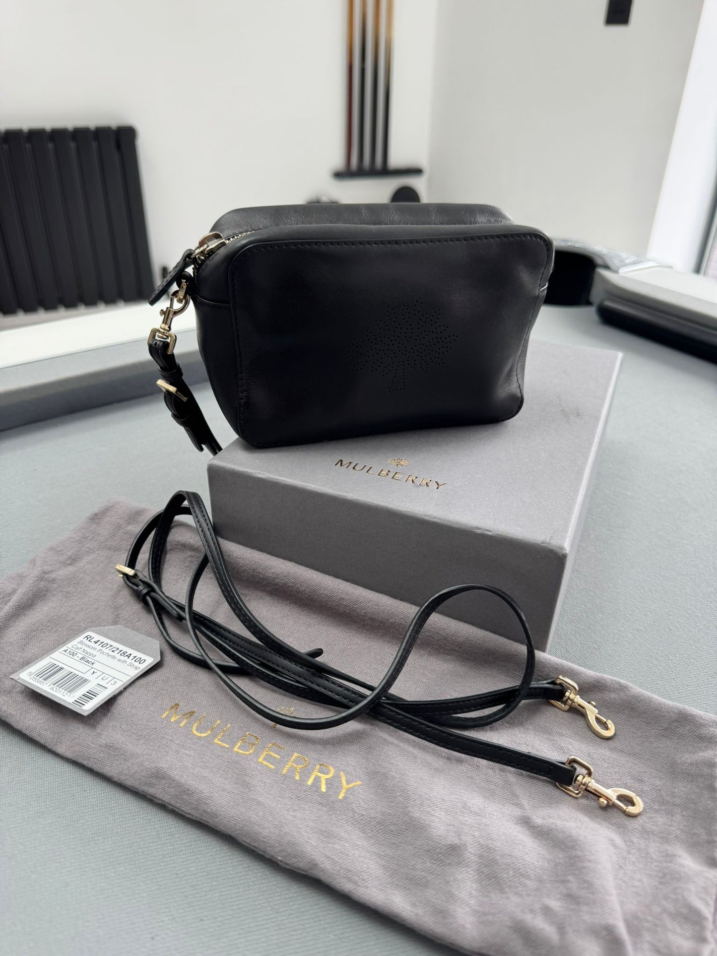 Mulberry Blossom Pochette with Strap in Black Calf Nappa