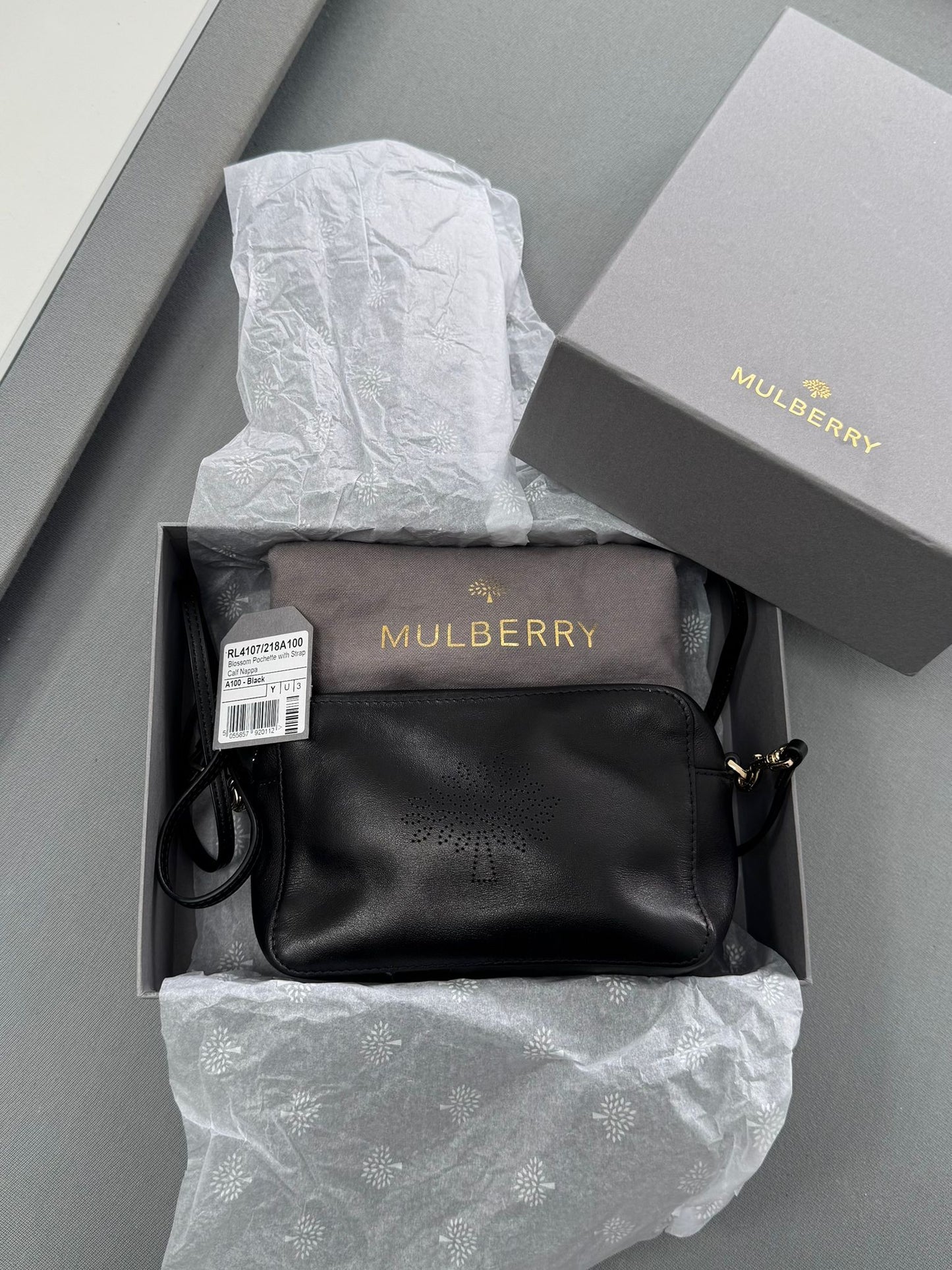 Mulberry Blossom Pochette with Strap in Black Calf Nappa
