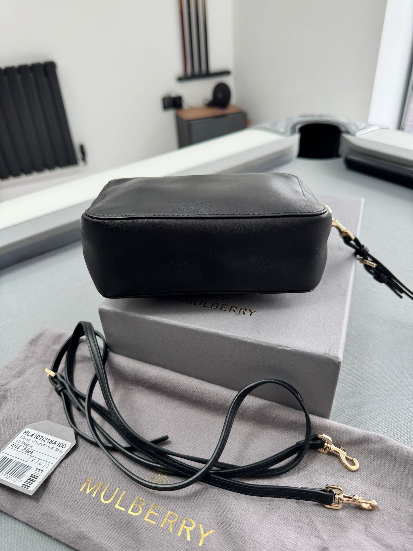 Mulberry Blossom Pochette with Strap in Black Calf Nappa