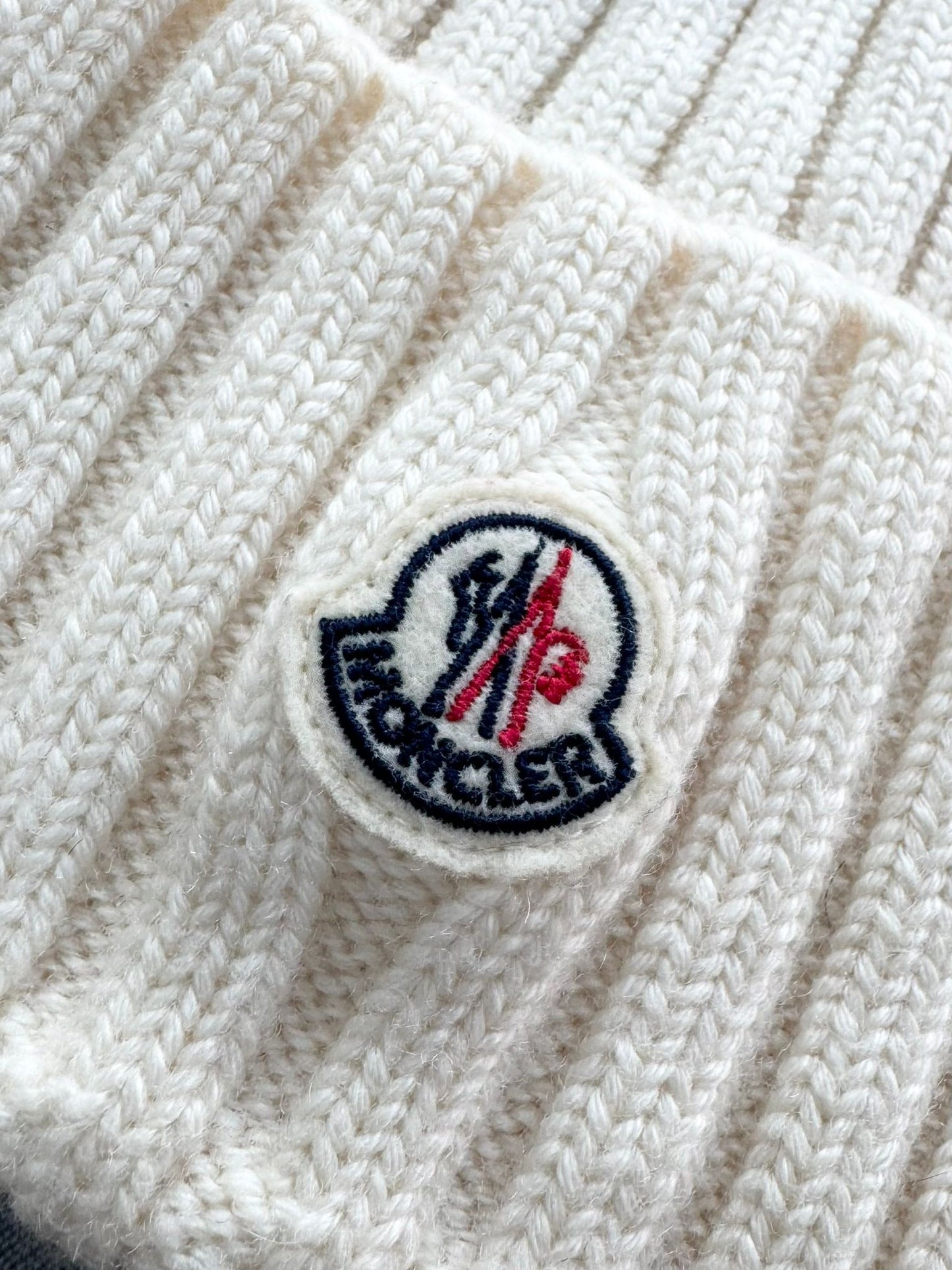 Moncler Ribbed Wool Knitted Cream Beanie