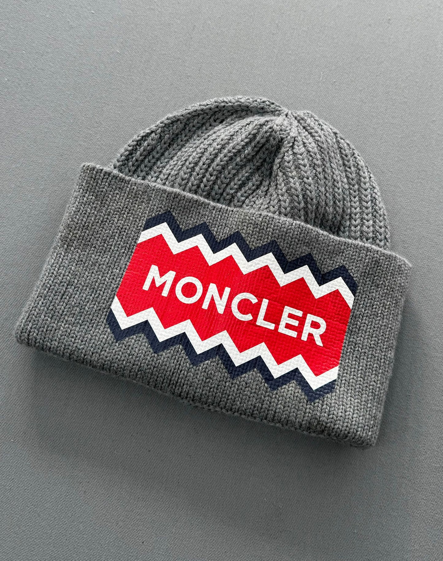 Moncler Grey Large Logo Wool Berretto Tricot Beanie