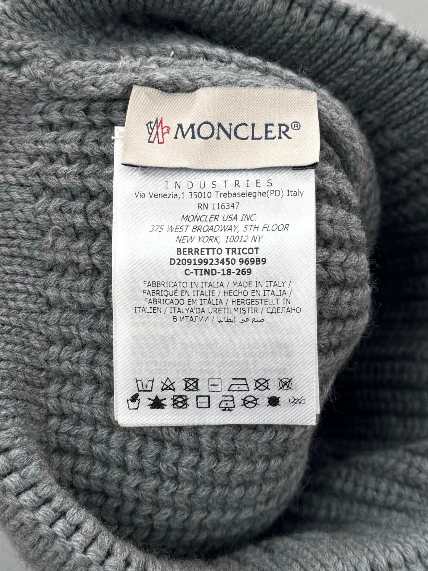 Moncler Grey Large Logo Wool Berretto Tricot Beanie