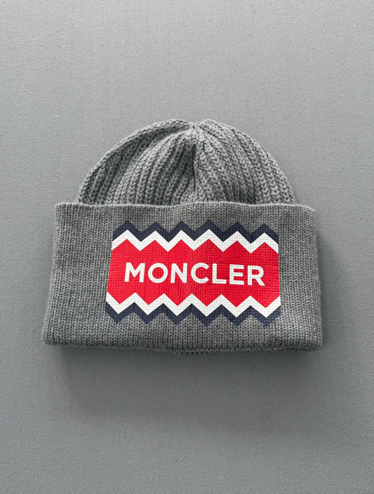 Moncler Grey Large Logo Wool Berretto Tricot Beanie