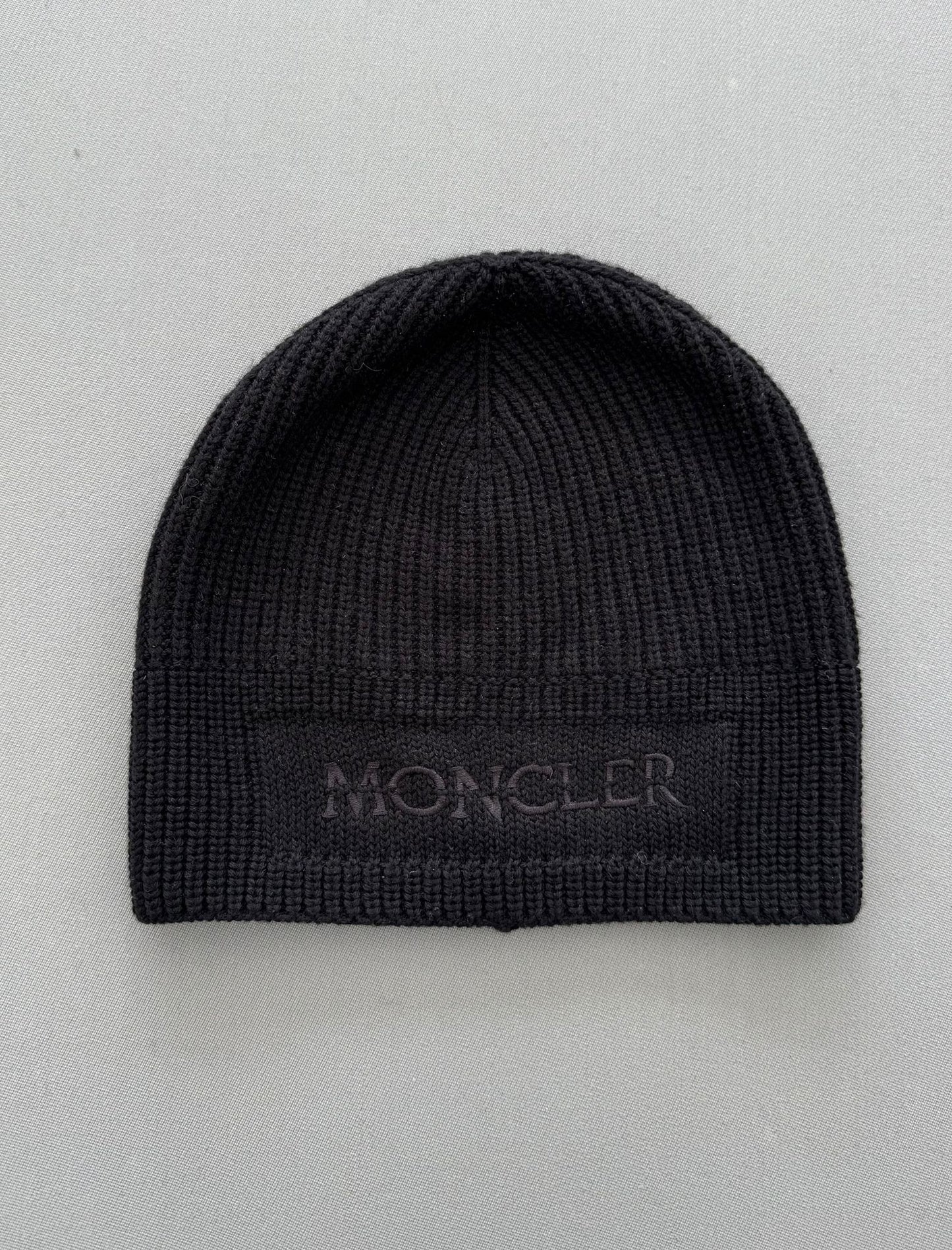 Moncler Black Embroidered Logo Wool Beanie