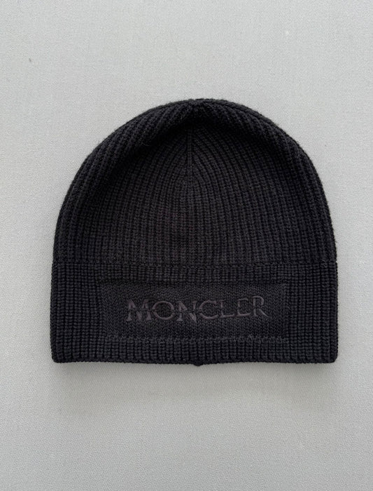 Moncler Black Embroidered Logo Wool Beanie