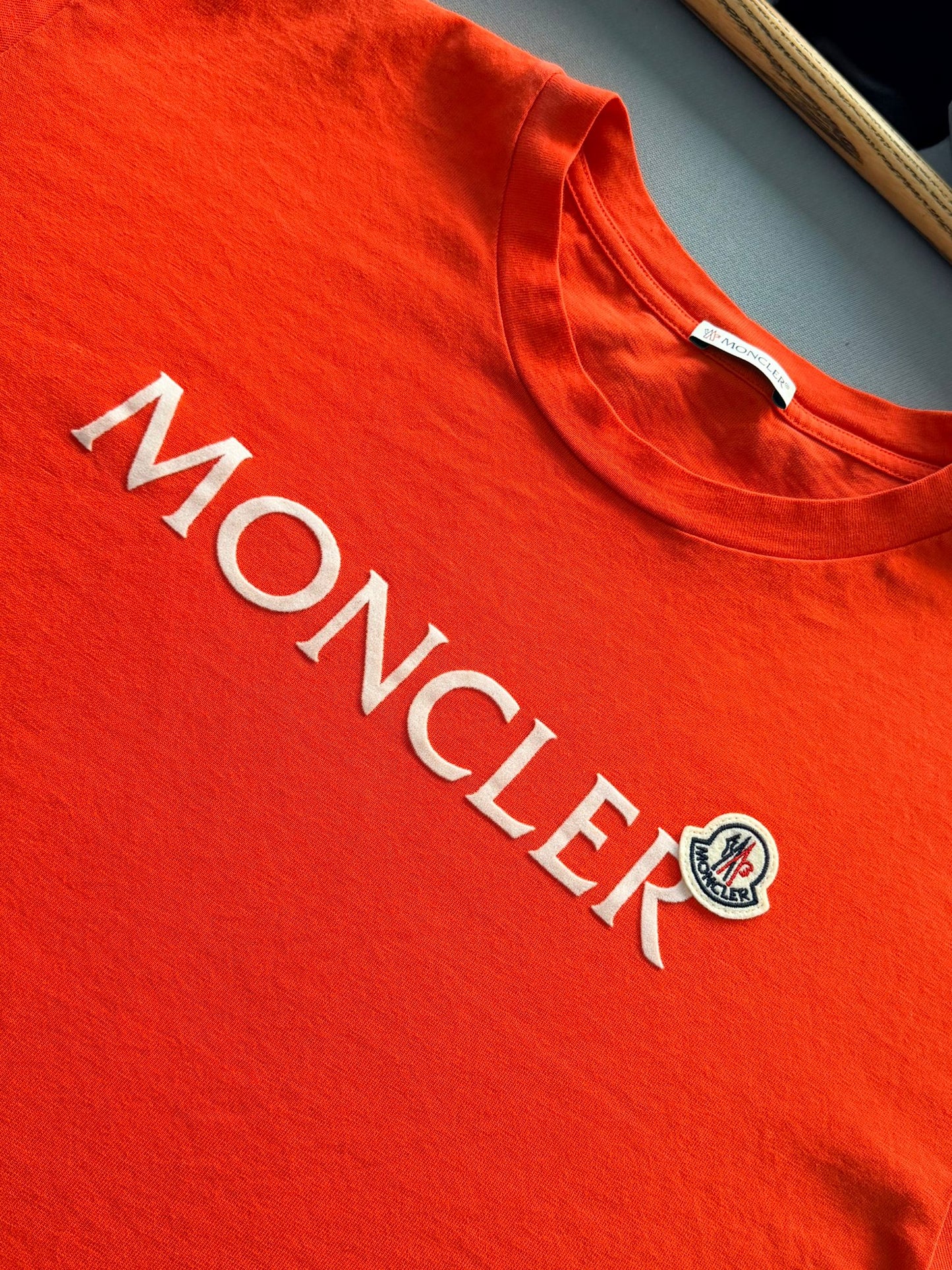 Moncler Orange Flocked Logo Print TShirt - XXL (24.5''ptp)